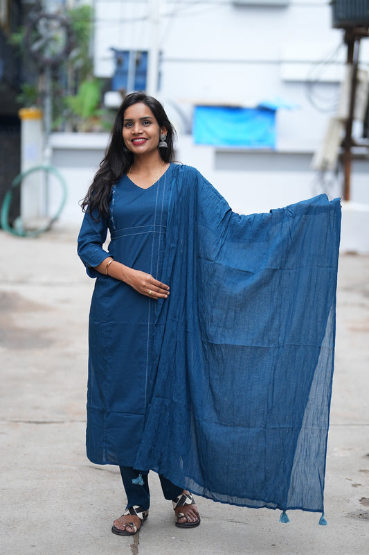Royal Blue # Piece Set With Thread Work