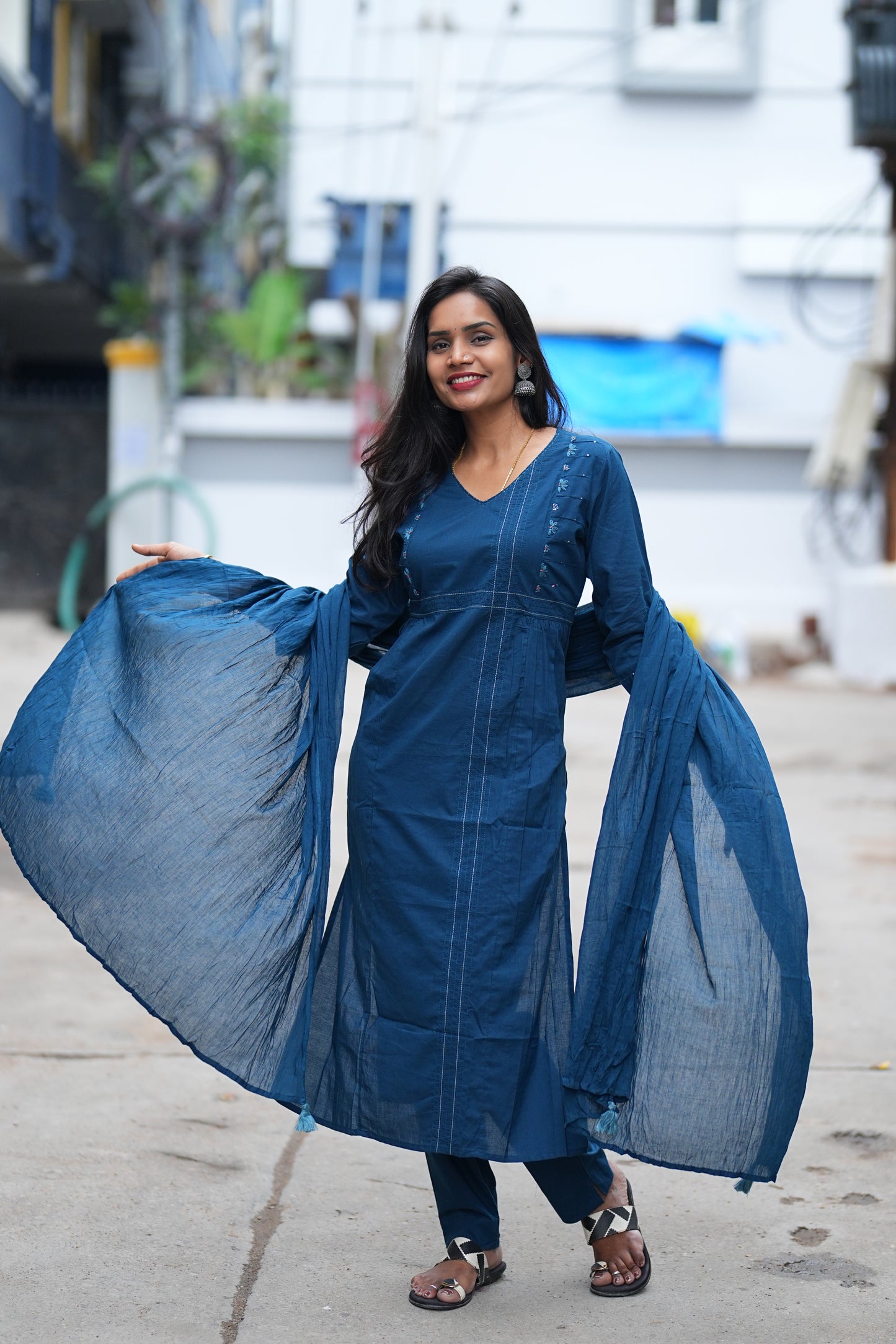 Royal Blue # Piece Set With Thread Work