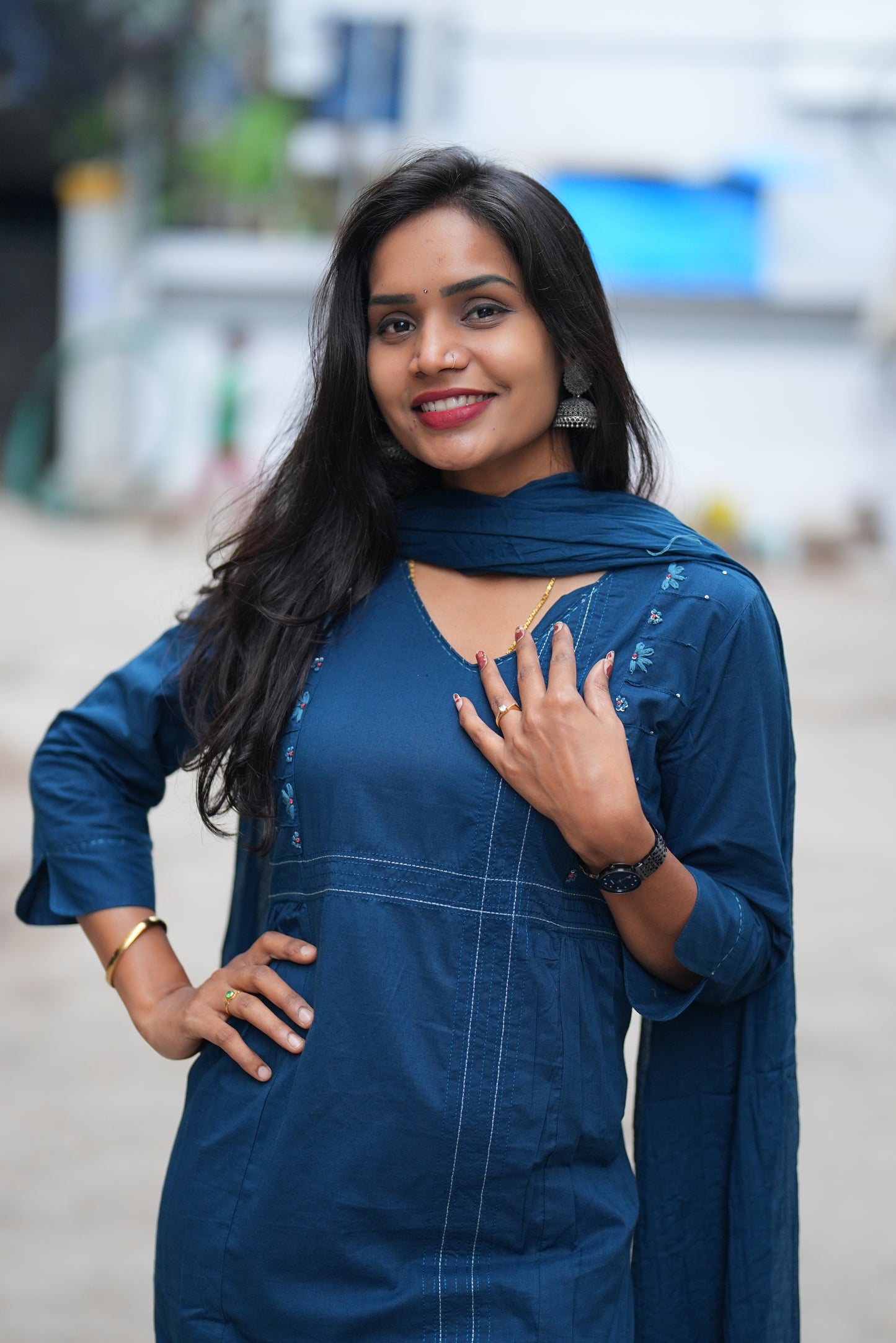 Royal Blue # Piece Set With Thread Work