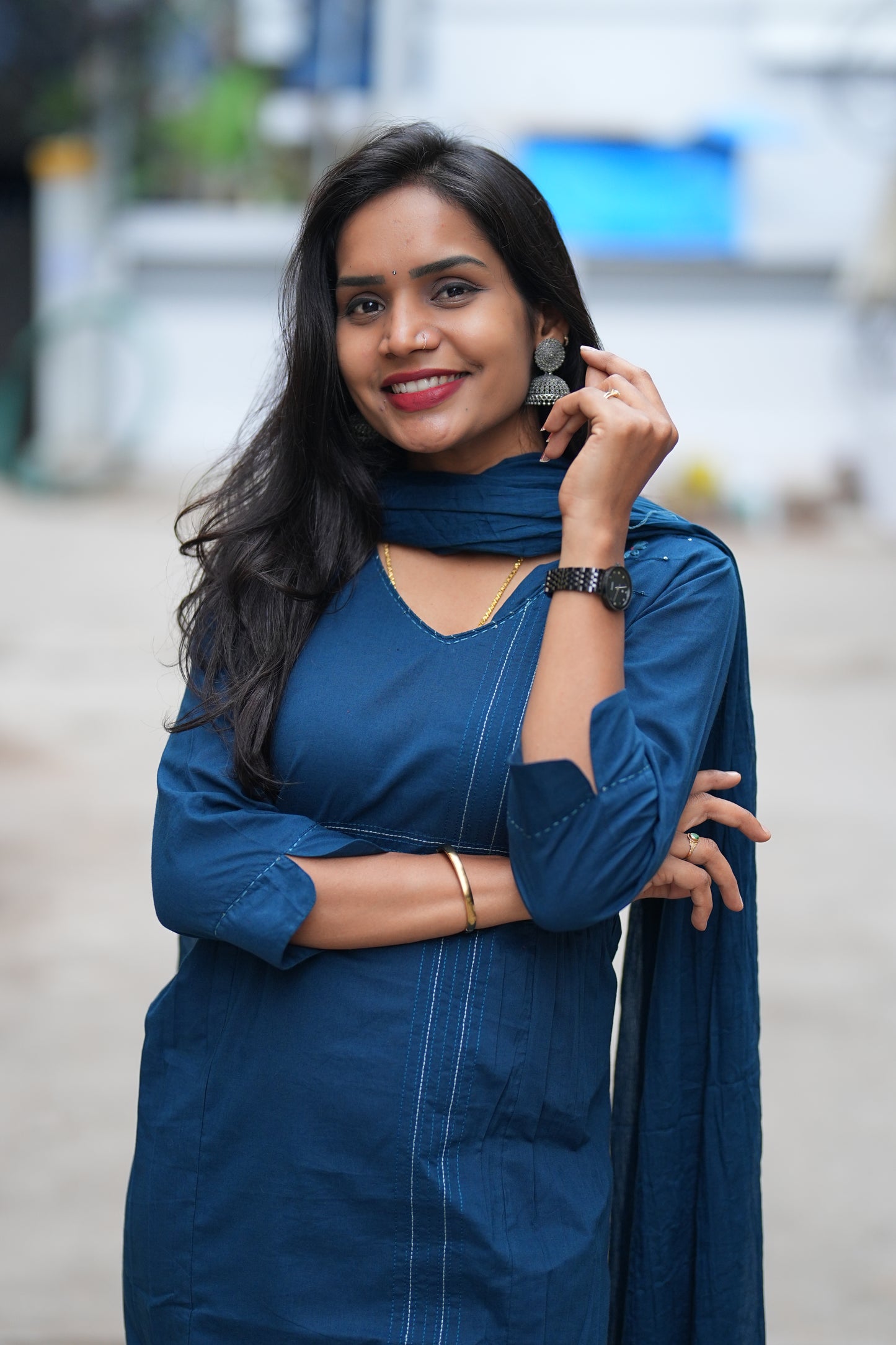Royal Blue # Piece Set With Thread Work