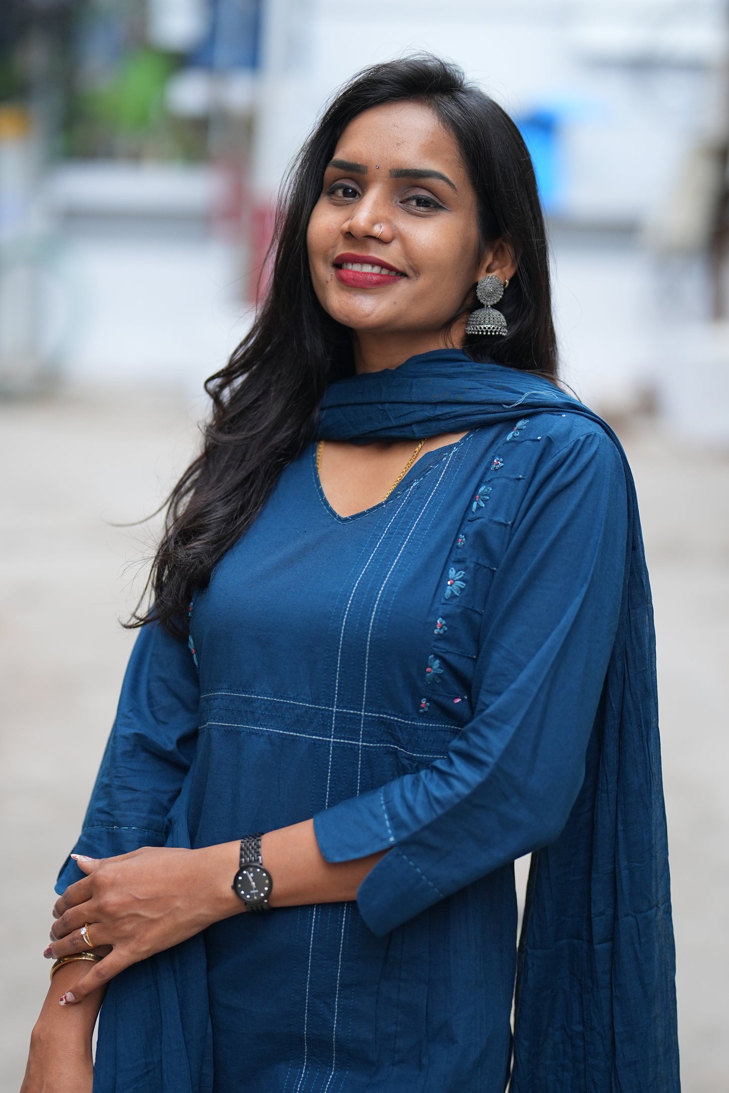 Royal Blue # Piece Set With Thread Work