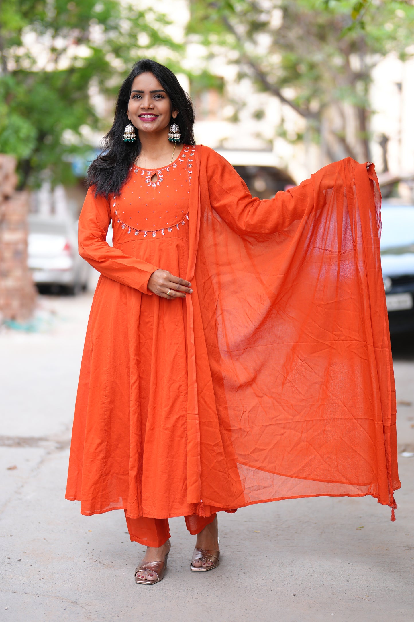 Orange Color Mul Cotton Anarkali 3 Piece Set With Lining