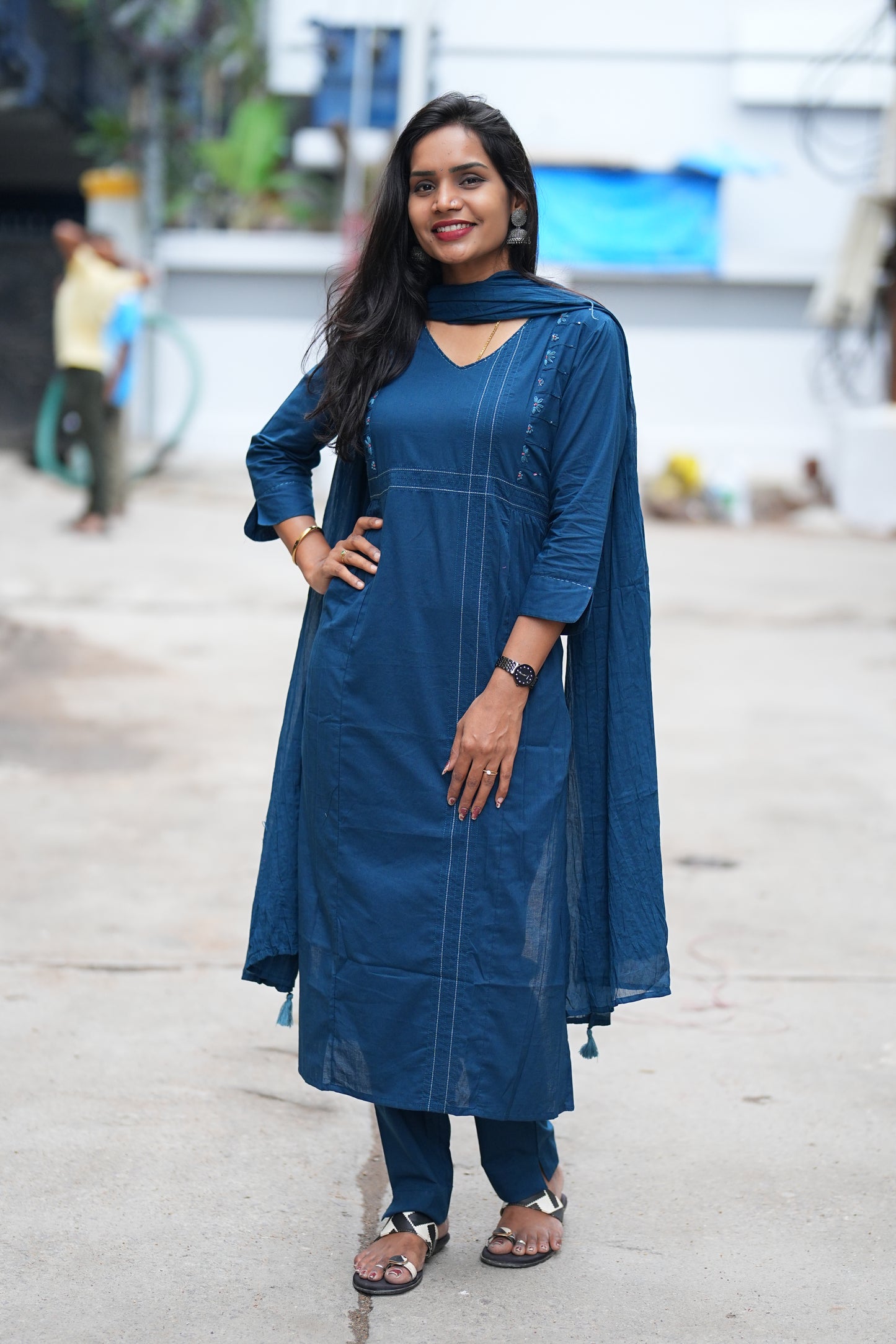 Royal Blue # Piece Set With Thread Work
