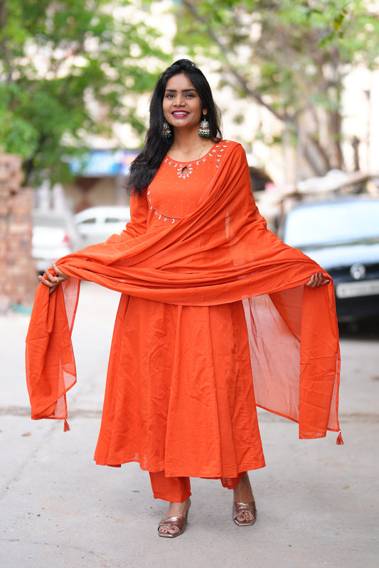 Orange Color Mul Cotton Anarkali 3 Piece Set With Lining