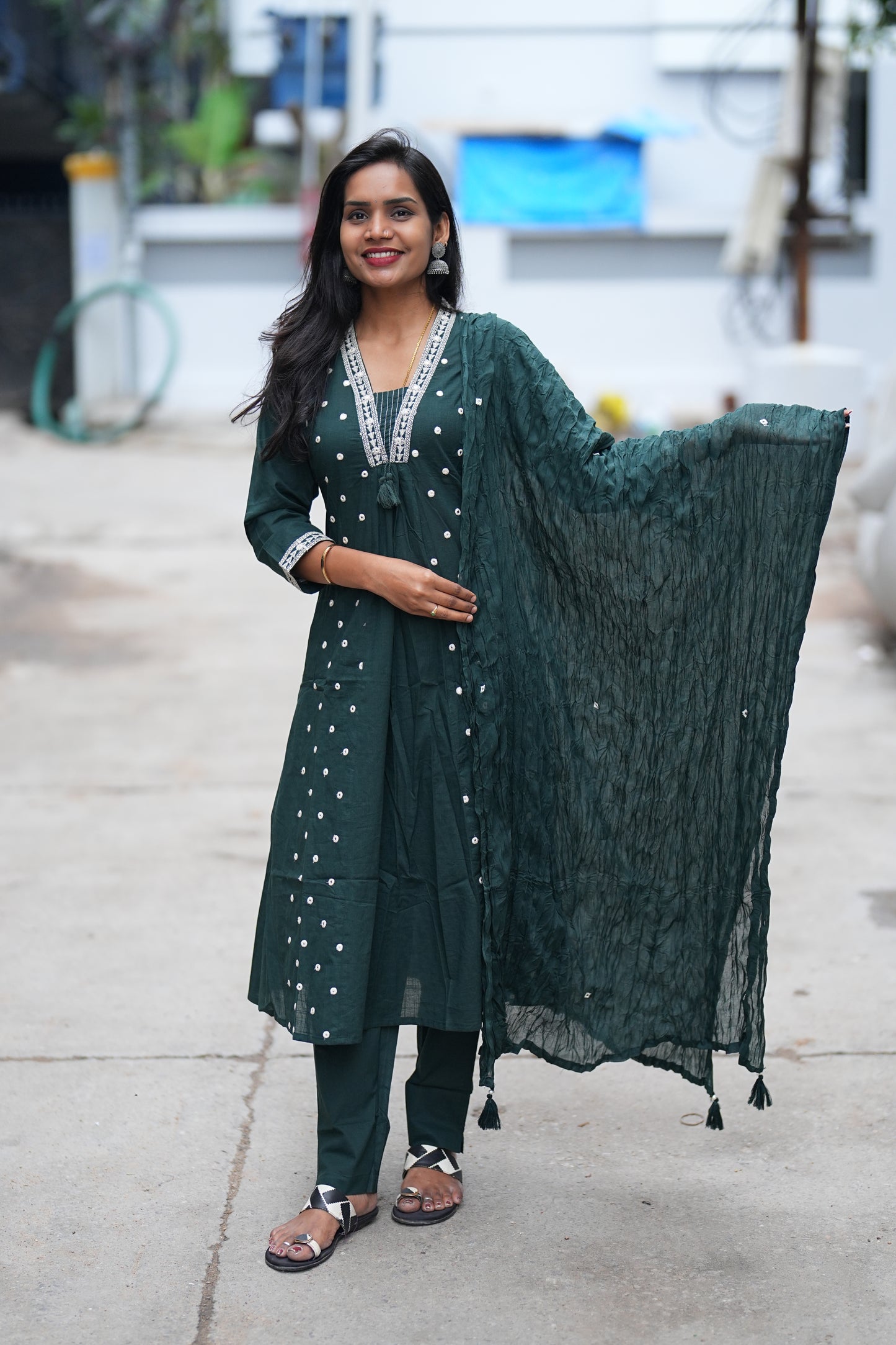 Dark Green Color Cotton 3 Piece Set With Sequence Work