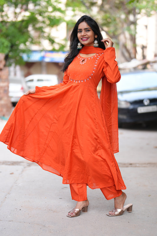 Orange Color Mul Cotton Anarkali 3 Piece Set With Lining