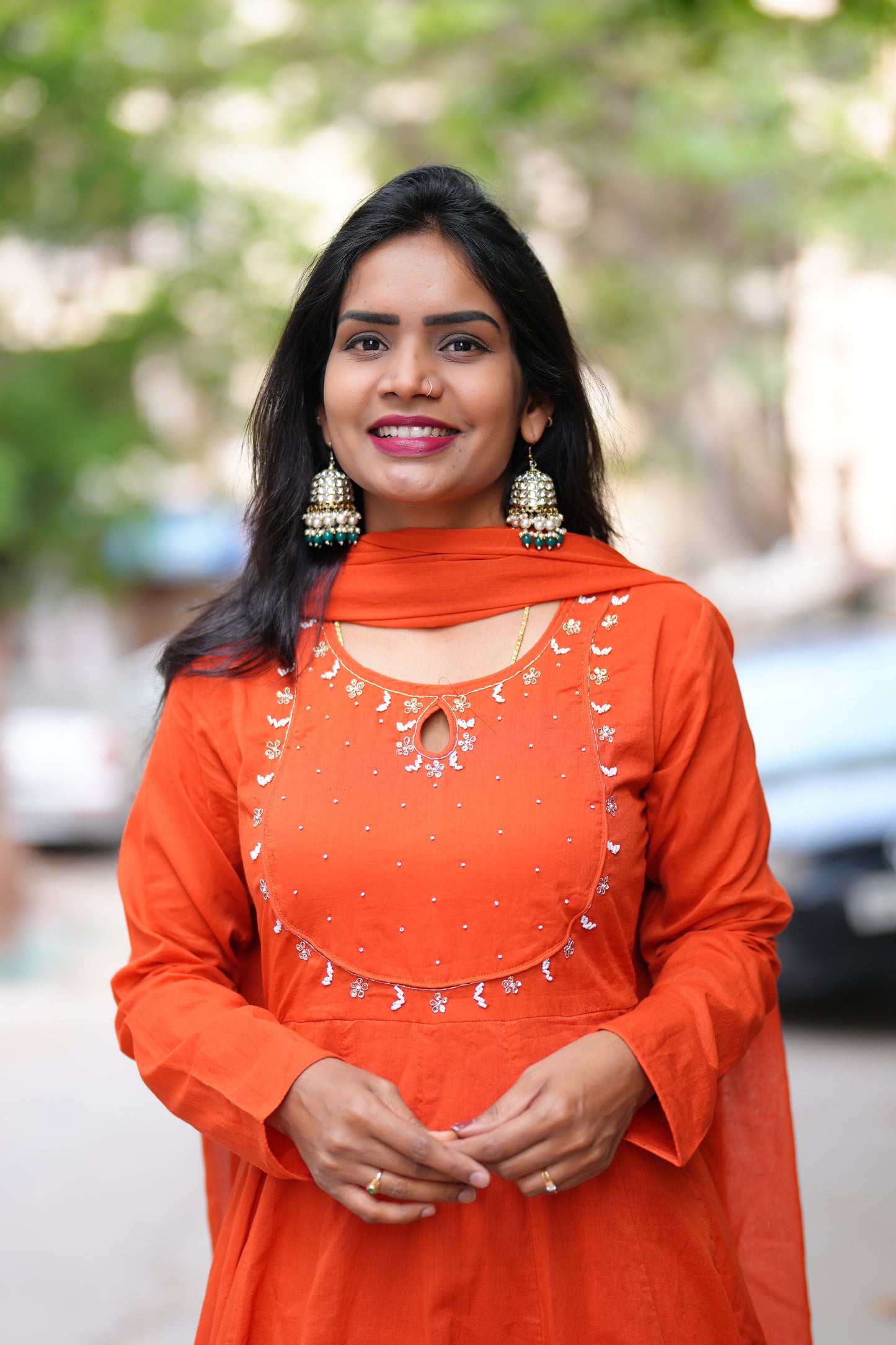 Orange Color Mul Cotton Anarkali 3 Piece Set With Lining