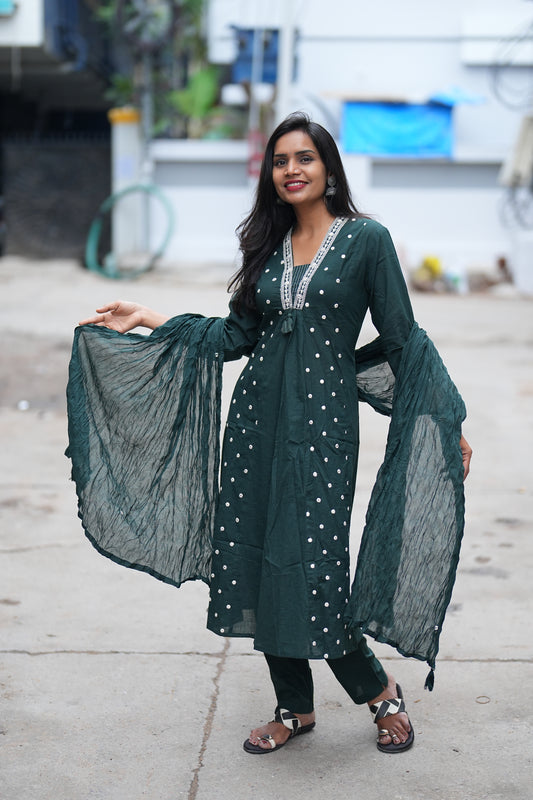 Dark Green Color Cotton 3 Piece Set With Sequence Work