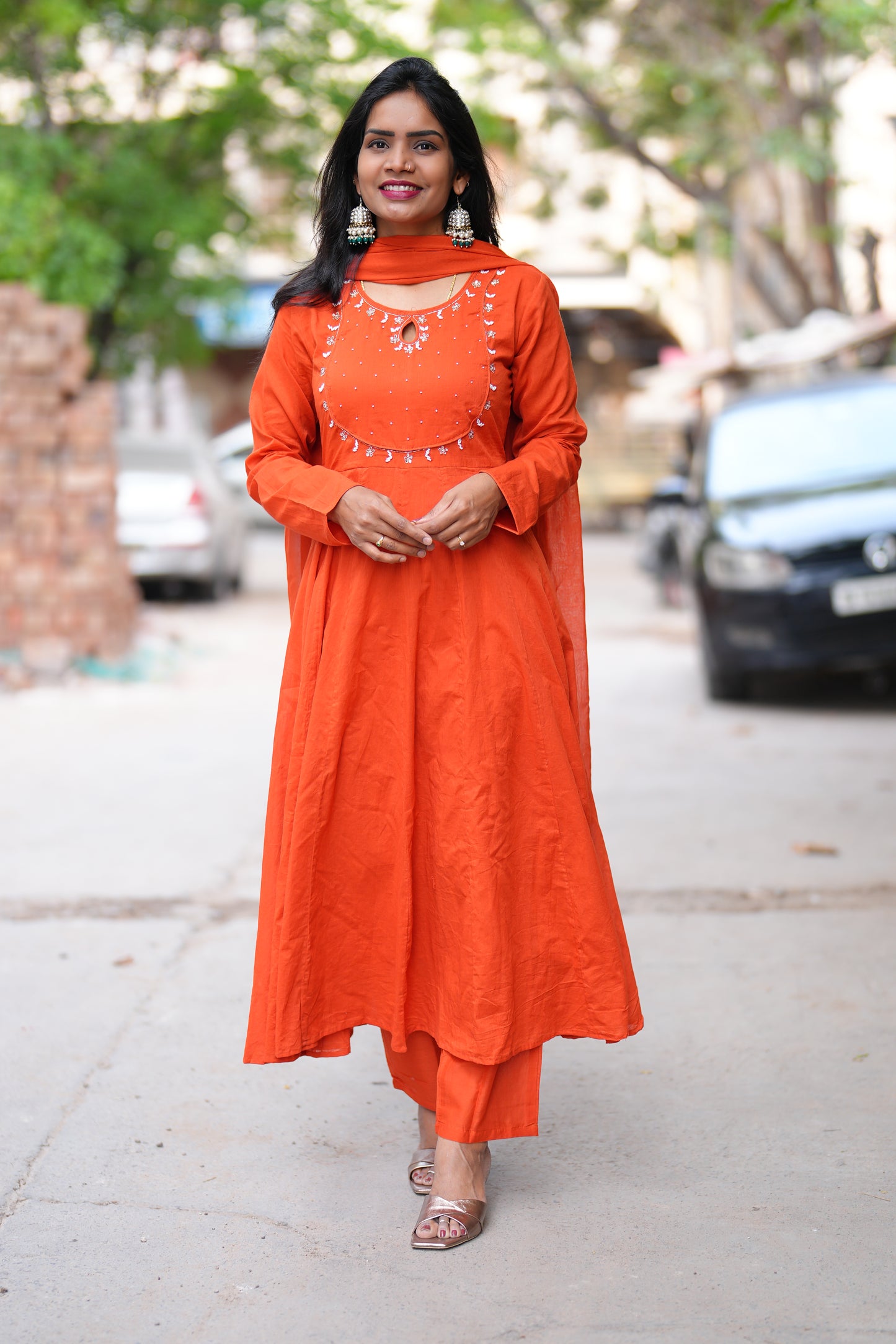 Orange Color Mul Cotton Anarkali 3 Piece Set With Lining
