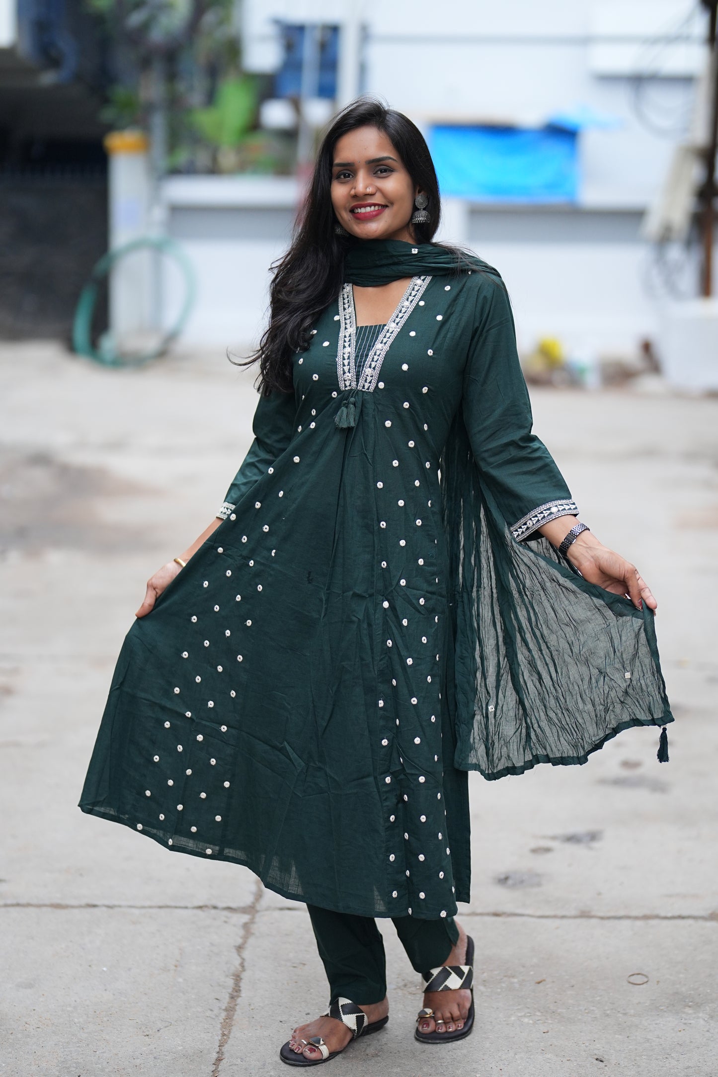 Dark Green Color Cotton 3 Piece Set With Sequence Work