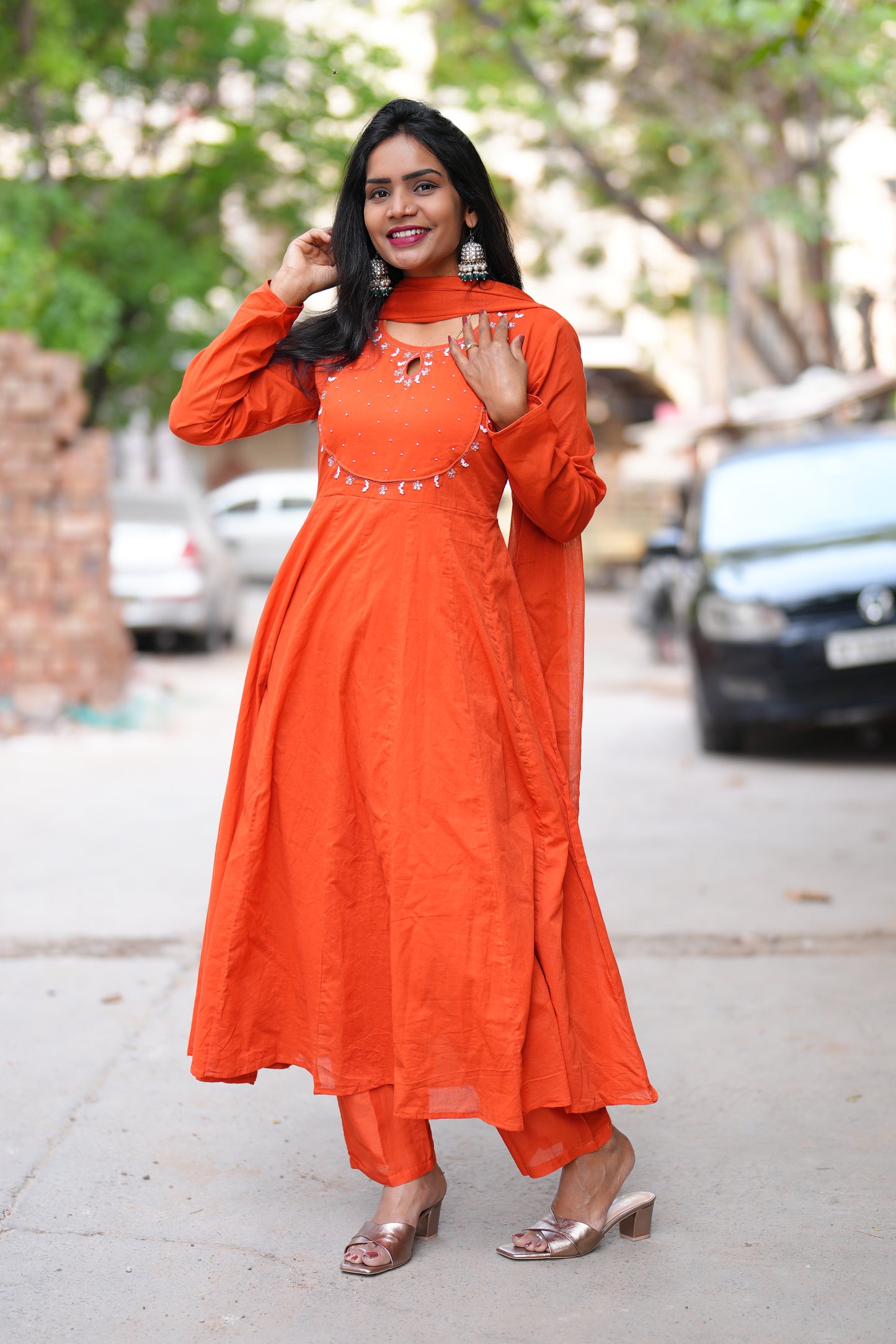 Orange Color Mul Cotton Anarkali 3 Piece Set With Lining