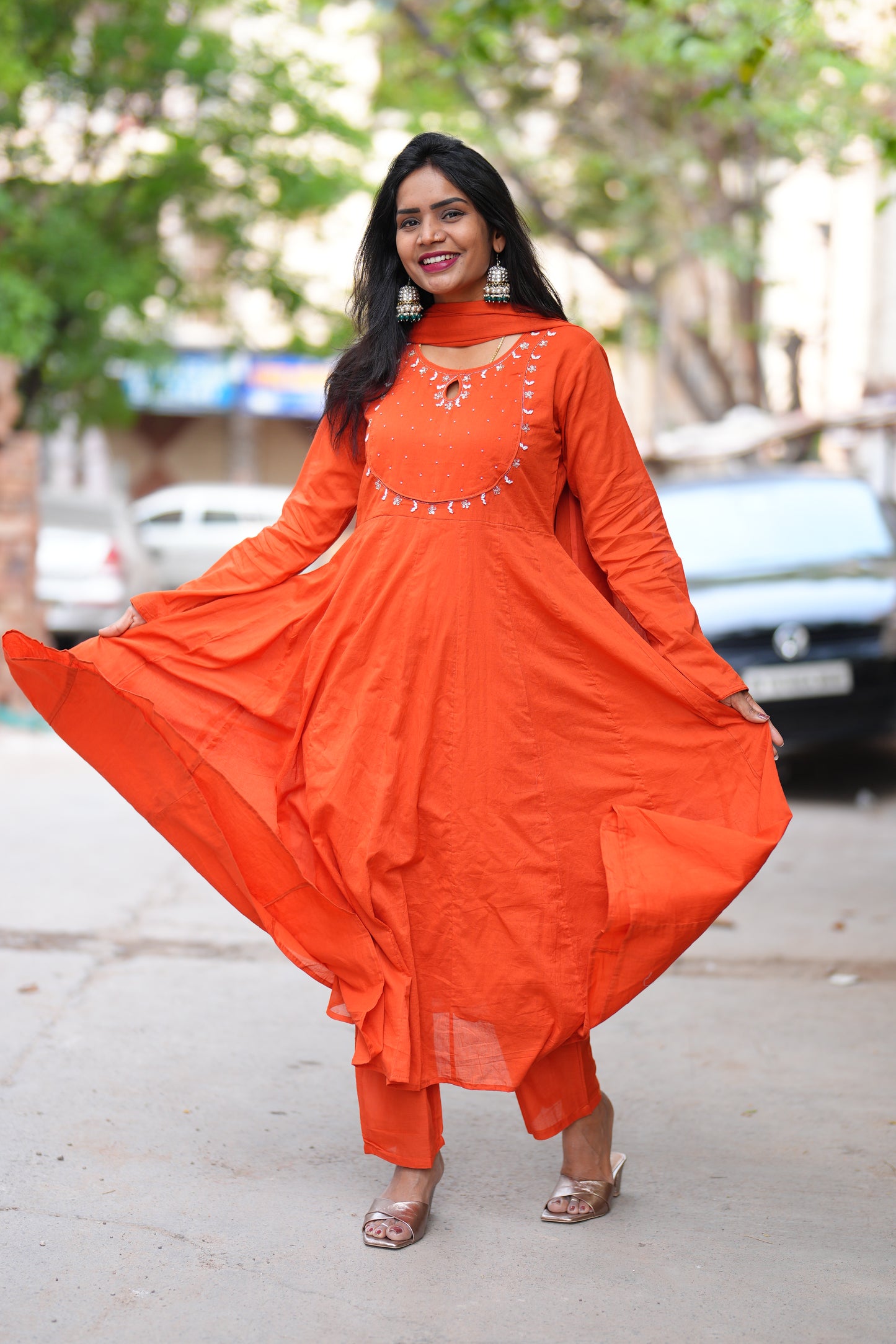 Orange Color Mul Cotton Anarkali 3 Piece Set With Lining