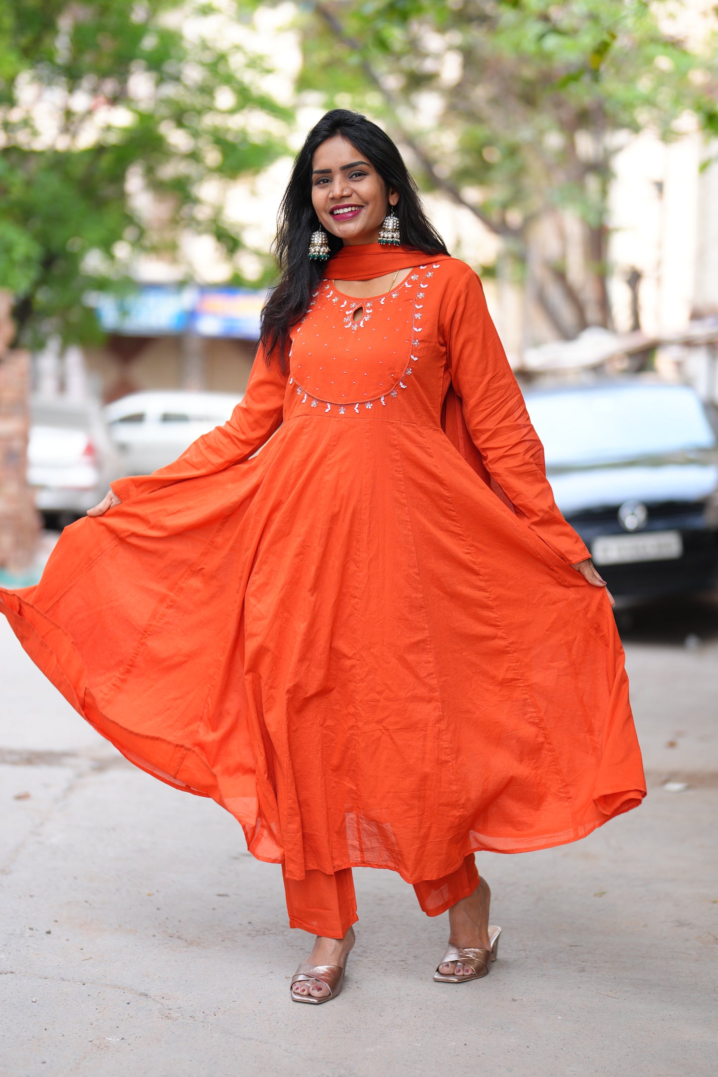 Orange Color Mul Cotton Anarkali 3 Piece Set With Lining