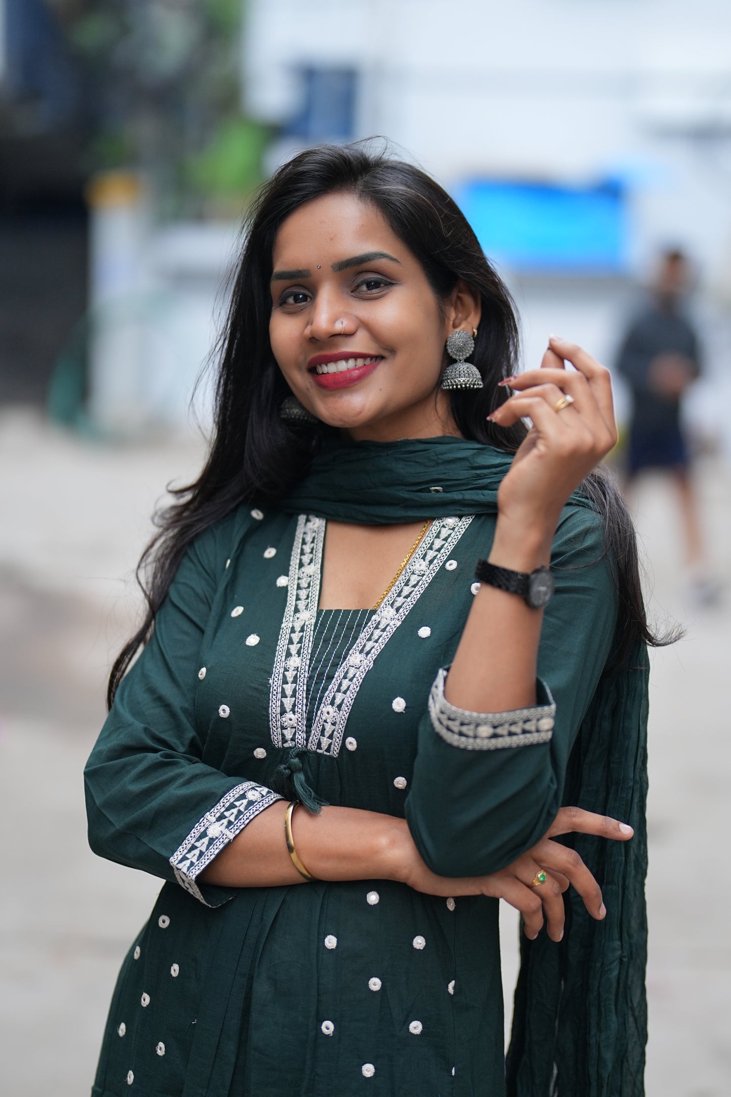 Dark Green Color Cotton 3 Piece Set With Sequence Work