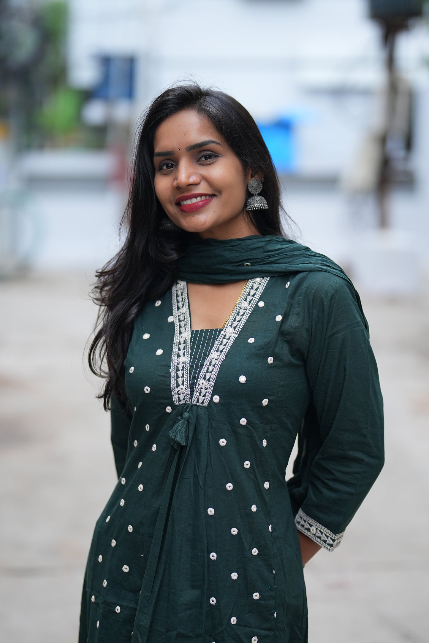 Dark Green Color Cotton 3 Piece Set With Sequence Work