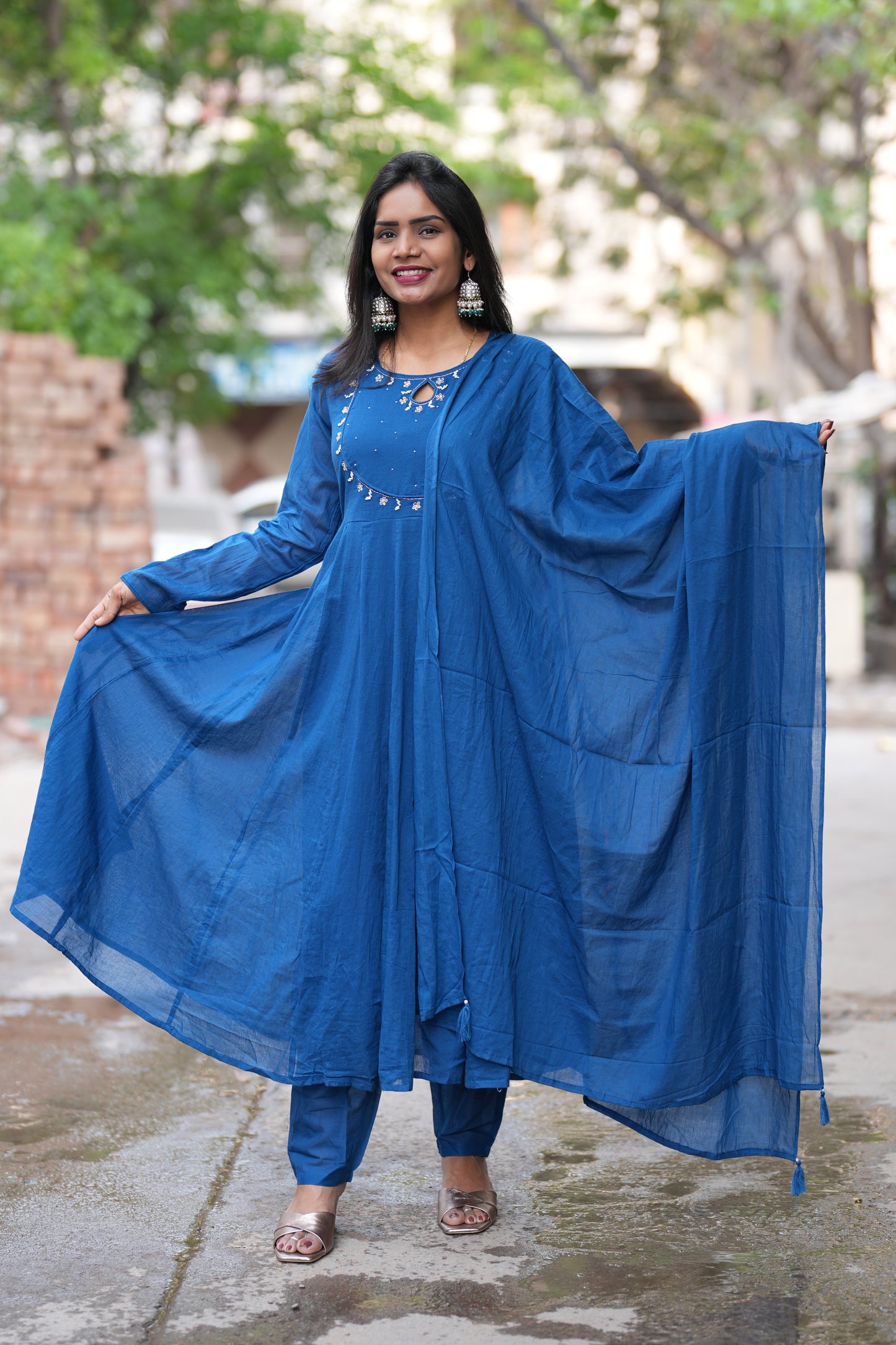 Blue Color Mul Cotton Anarkali 3 Piece Set With Lining