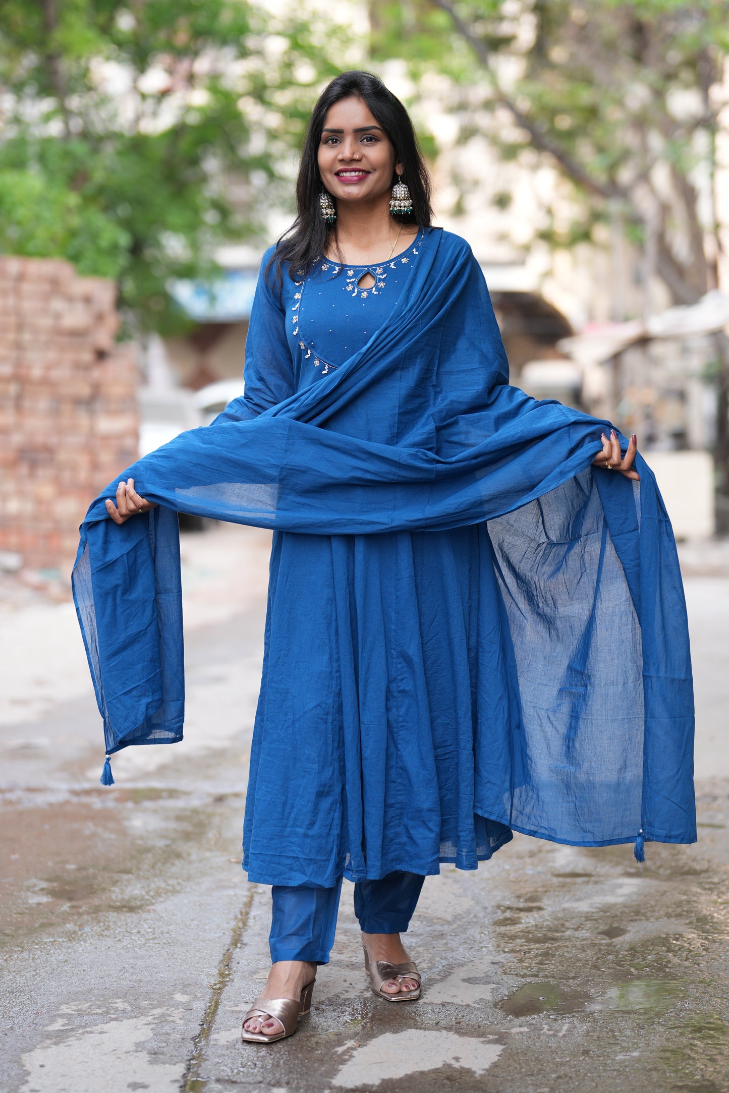 Blue Color Mul Cotton Anarkali 3 Piece Set With Lining