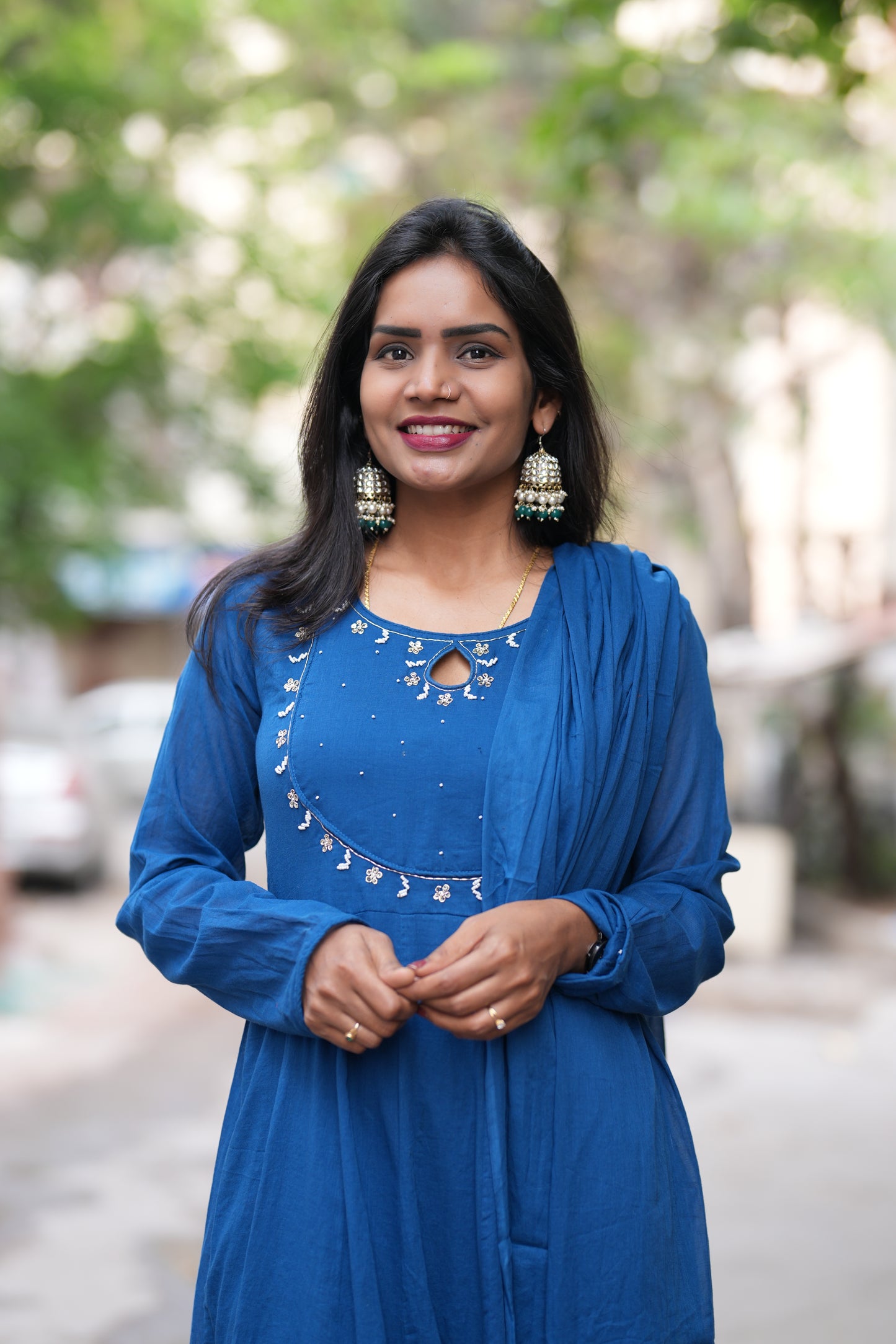 Blue Color Mul Cotton Anarkali 3 Piece Set With Lining