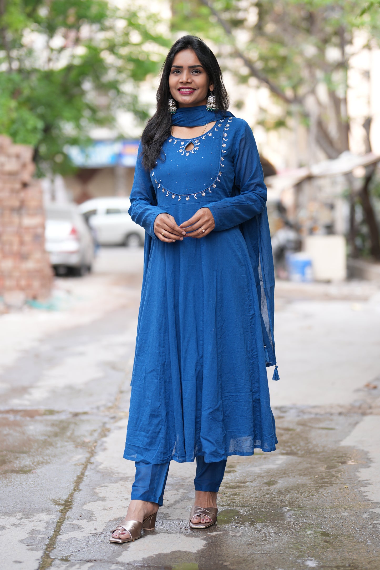 Blue Color Mul Cotton Anarkali 3 Piece Set With Lining