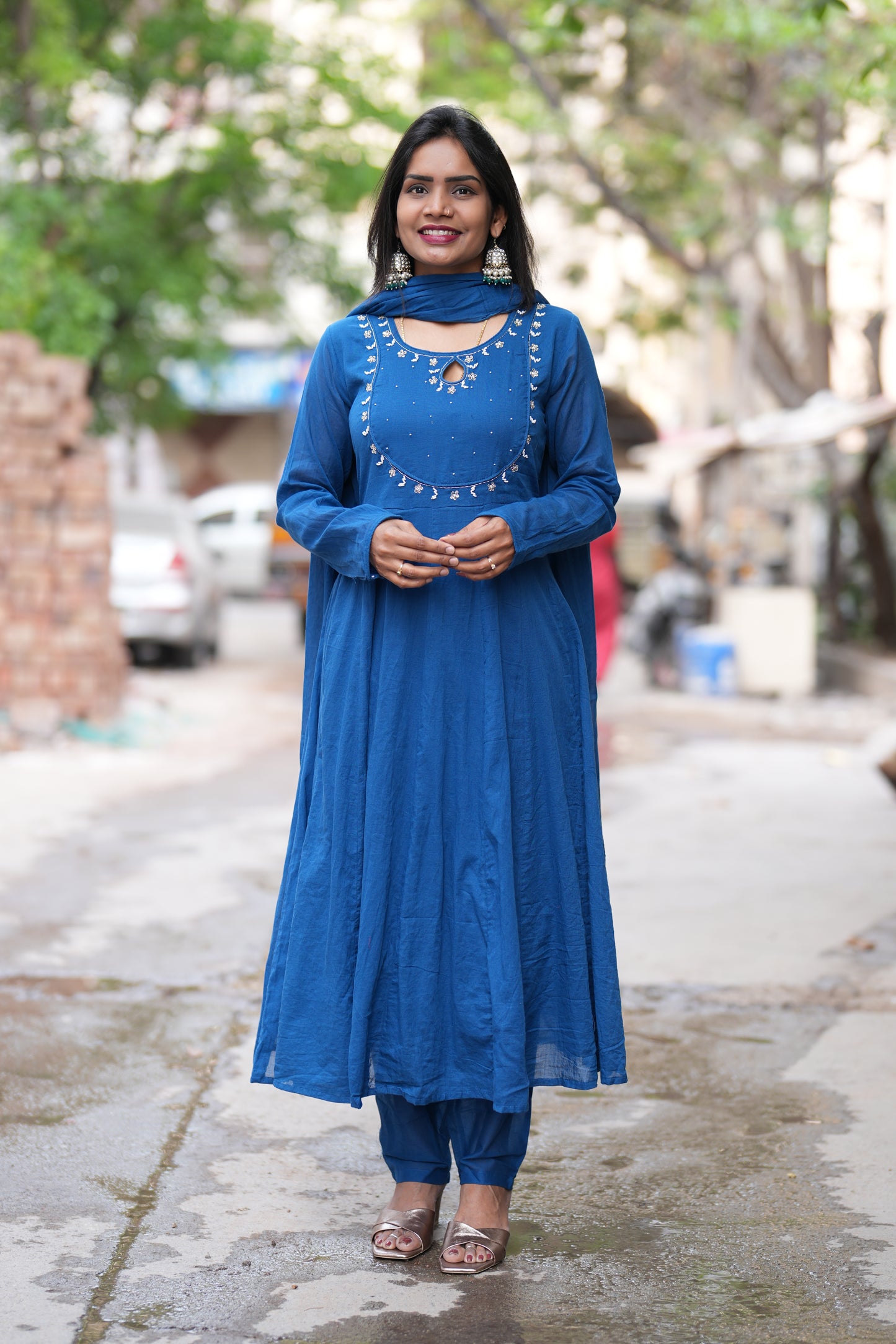 Blue Color Mul Cotton Anarkali 3 Piece Set With Lining
