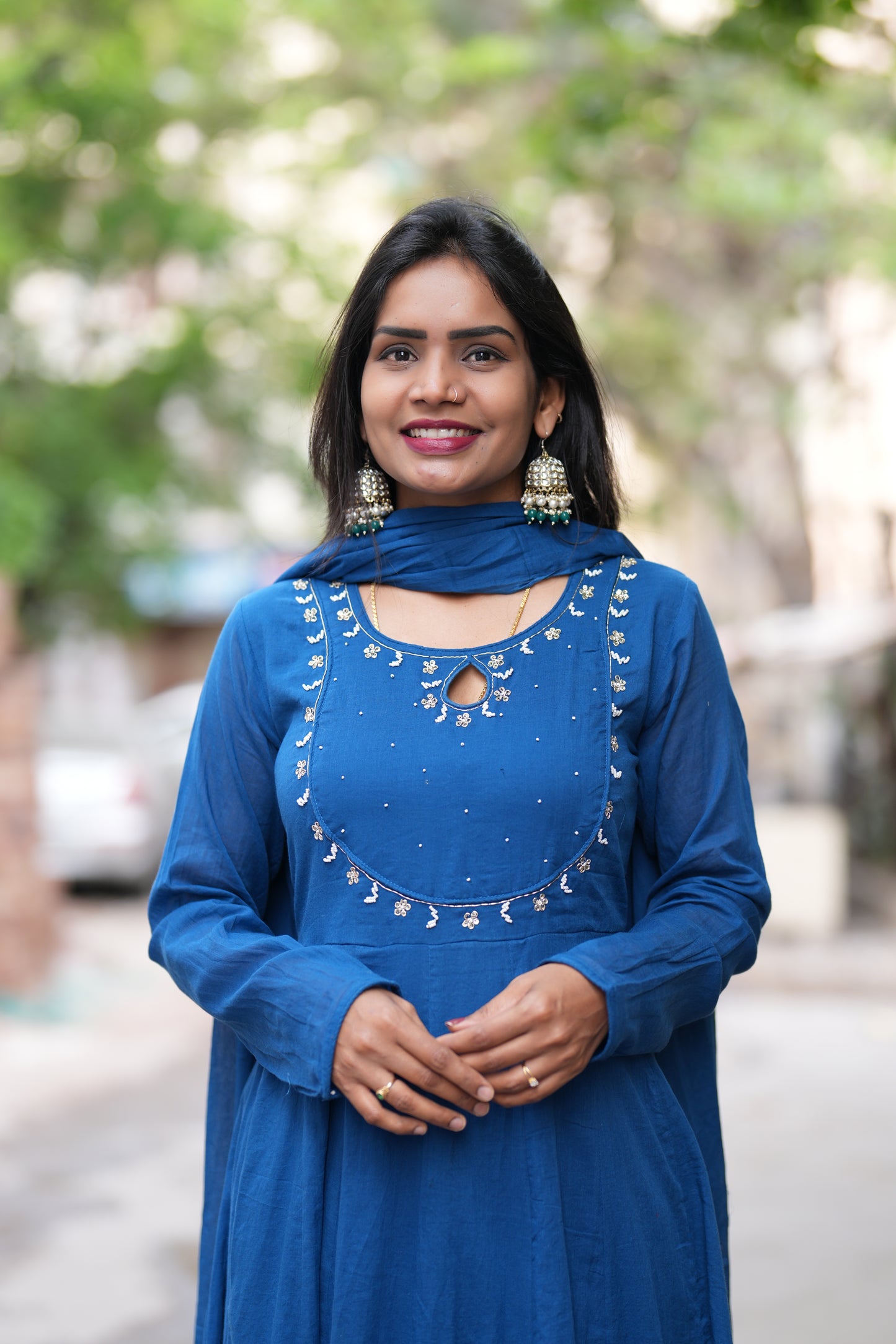 Blue Color Mul Cotton Anarkali 3 Piece Set With Lining