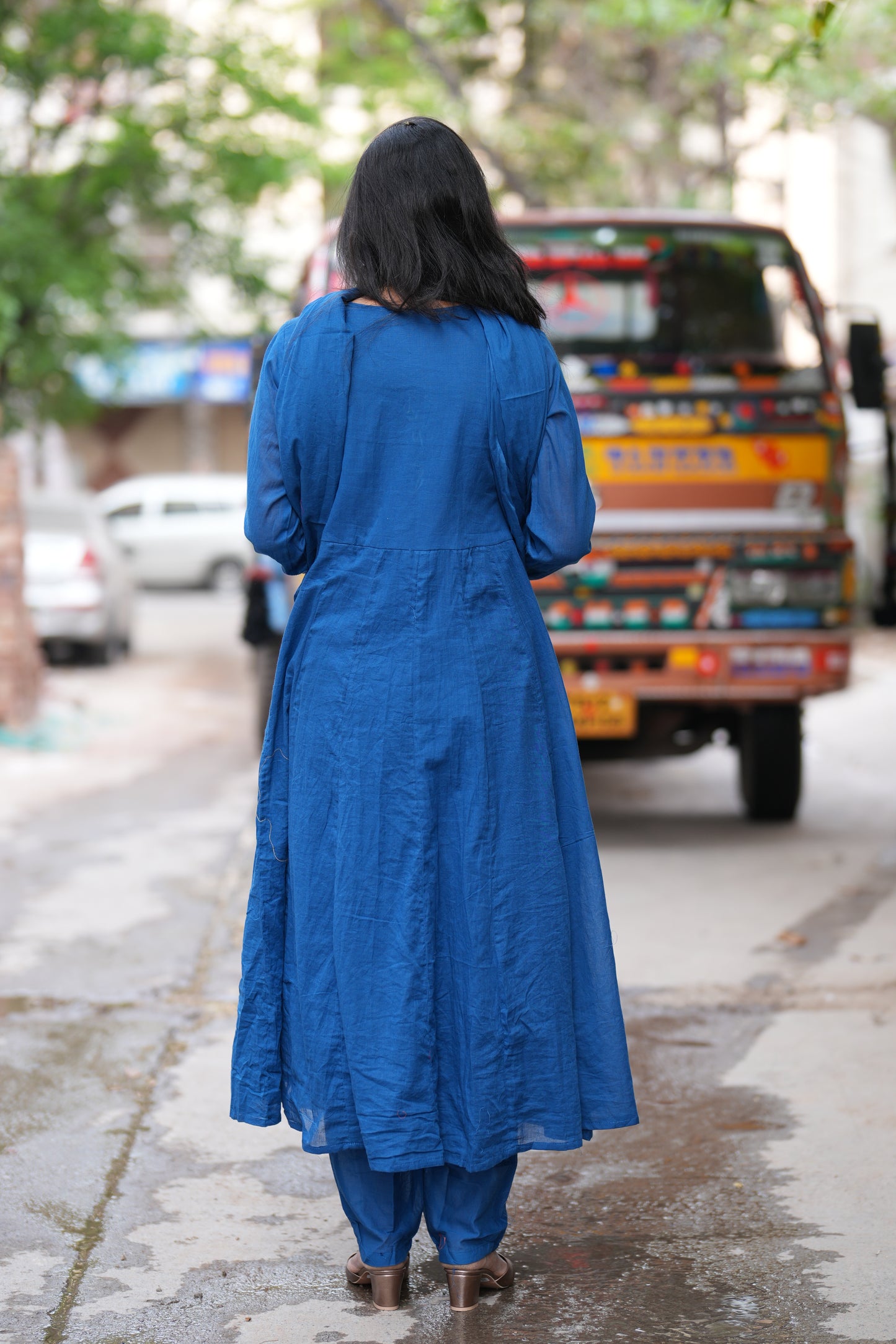 Blue Color Mul Cotton Anarkali 3 Piece Set With Lining