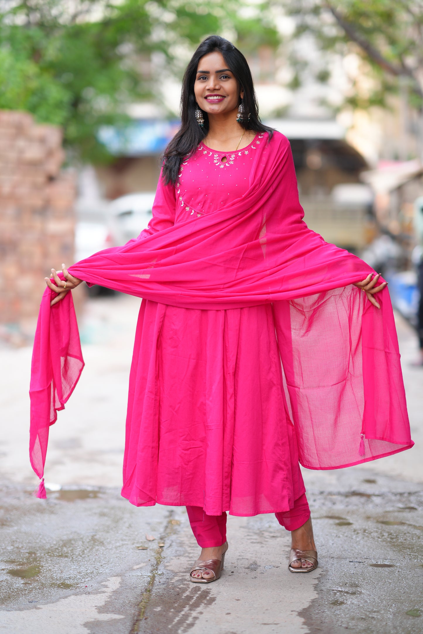 Rani Pink Color Mul Cotton Anarkali 3 Piece Set With Lining
