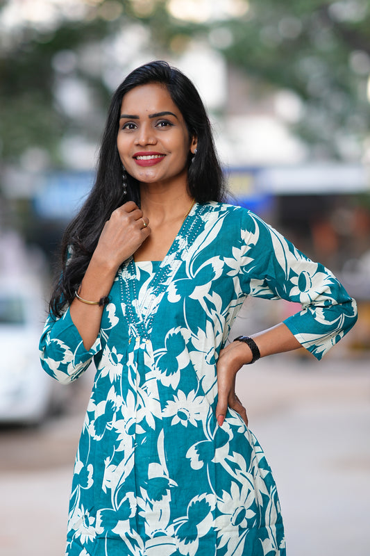 Teal Green Color Jaipuri Cotton office Wear Cord Set