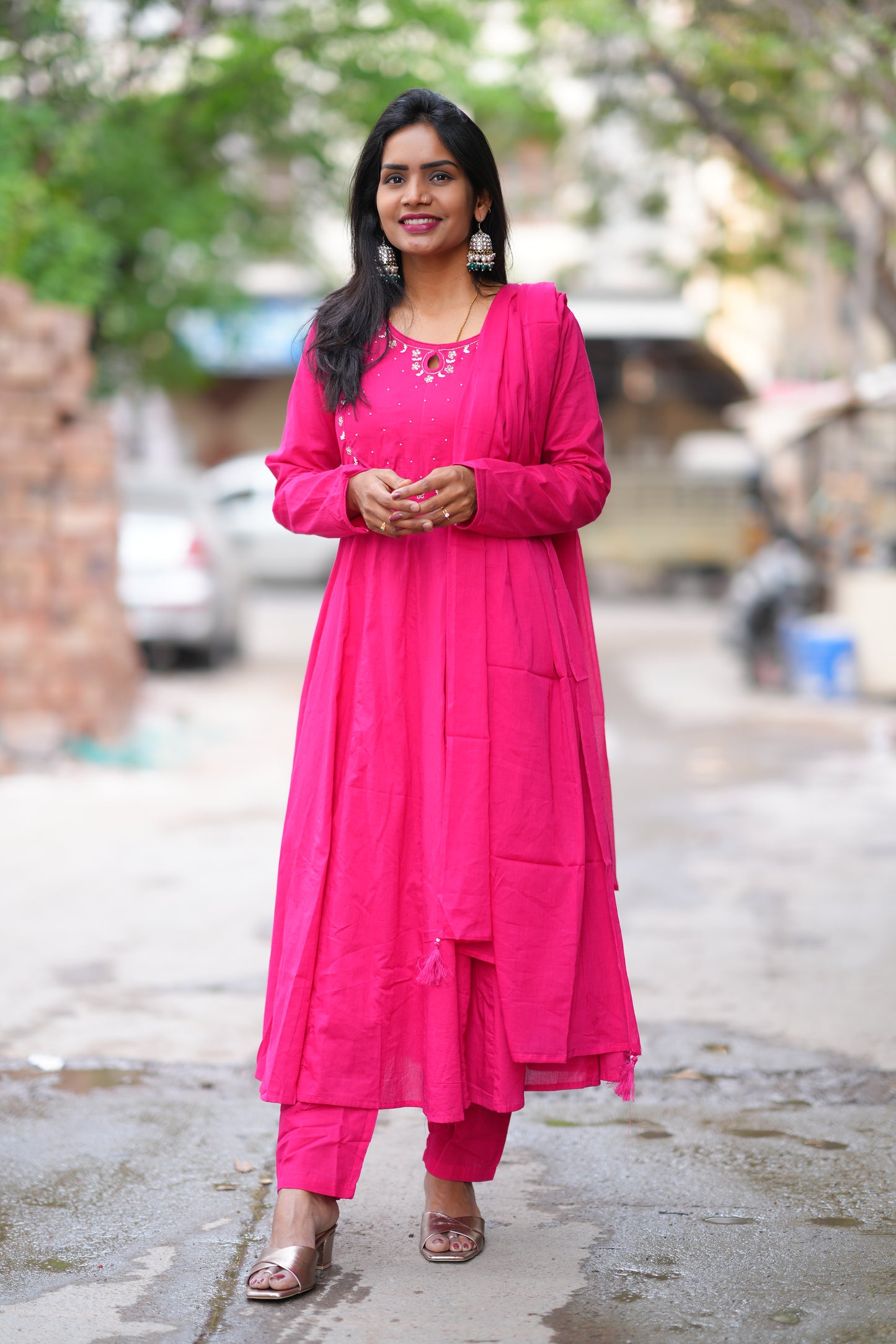 Rani Pink Color Mul Cotton Anarkali 3 Piece Set With Lining