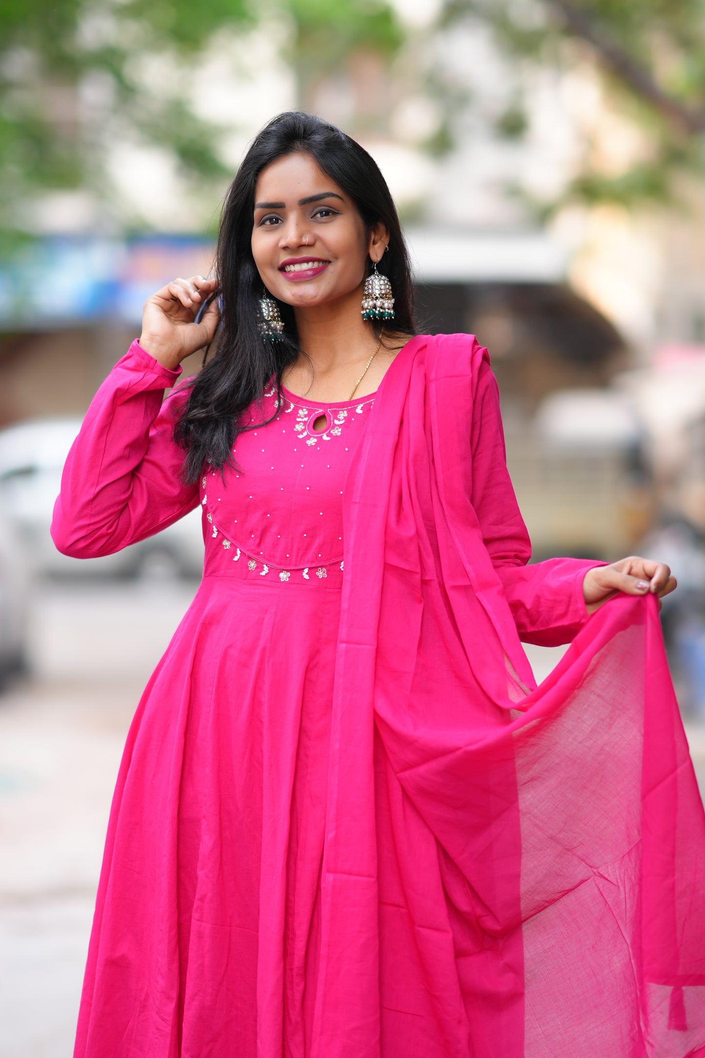 Rani Pink Color Mul Cotton Anarkali 3 Piece Set With Lining