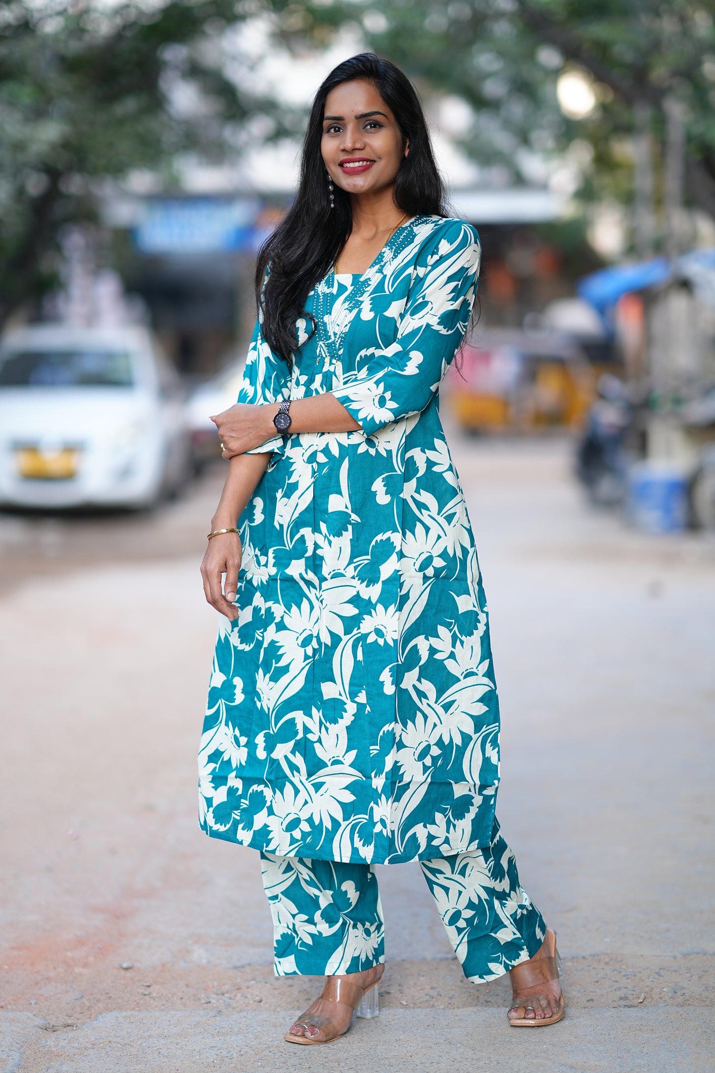 Teal Green Color Jaipuri Cotton office Wear Cord Set