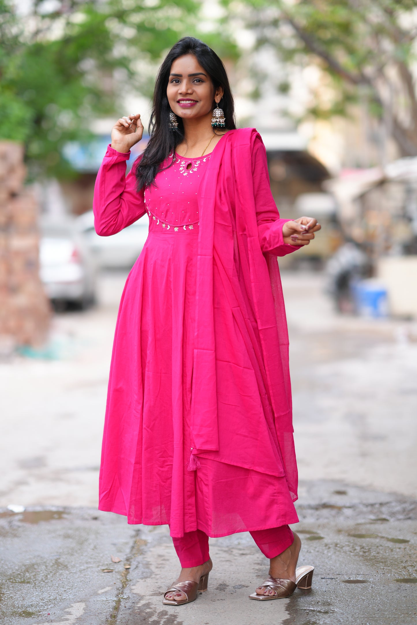 Rani Pink Color Mul Cotton Anarkali 3 Piece Set With Lining
