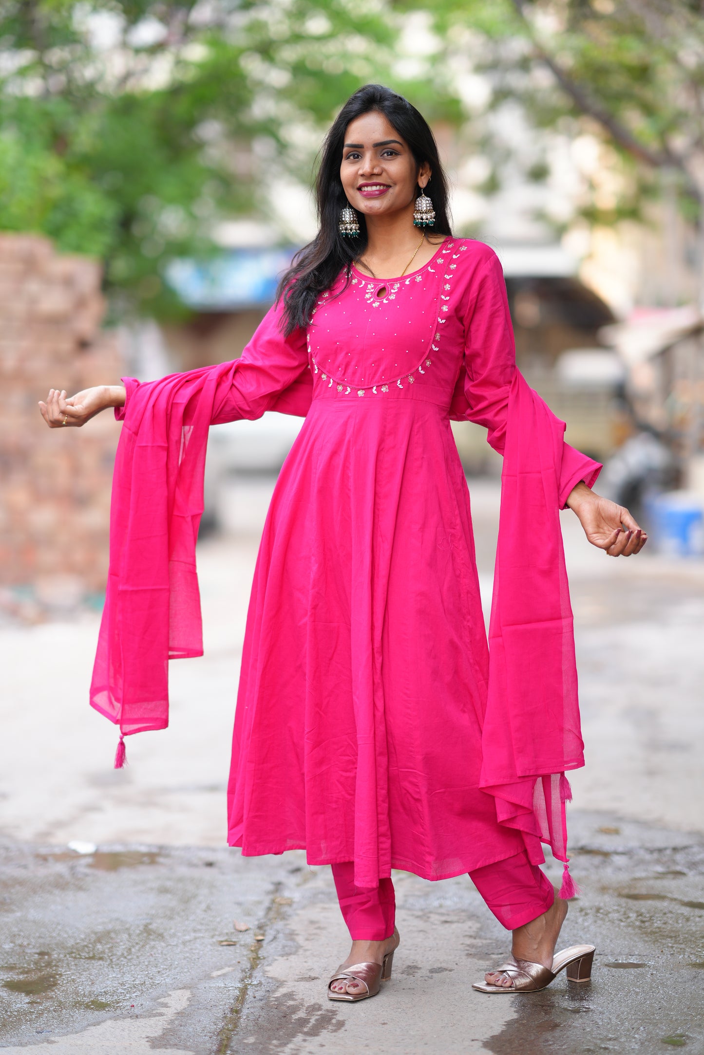 Rani Pink Color Mul Cotton Anarkali 3 Piece Set With Lining