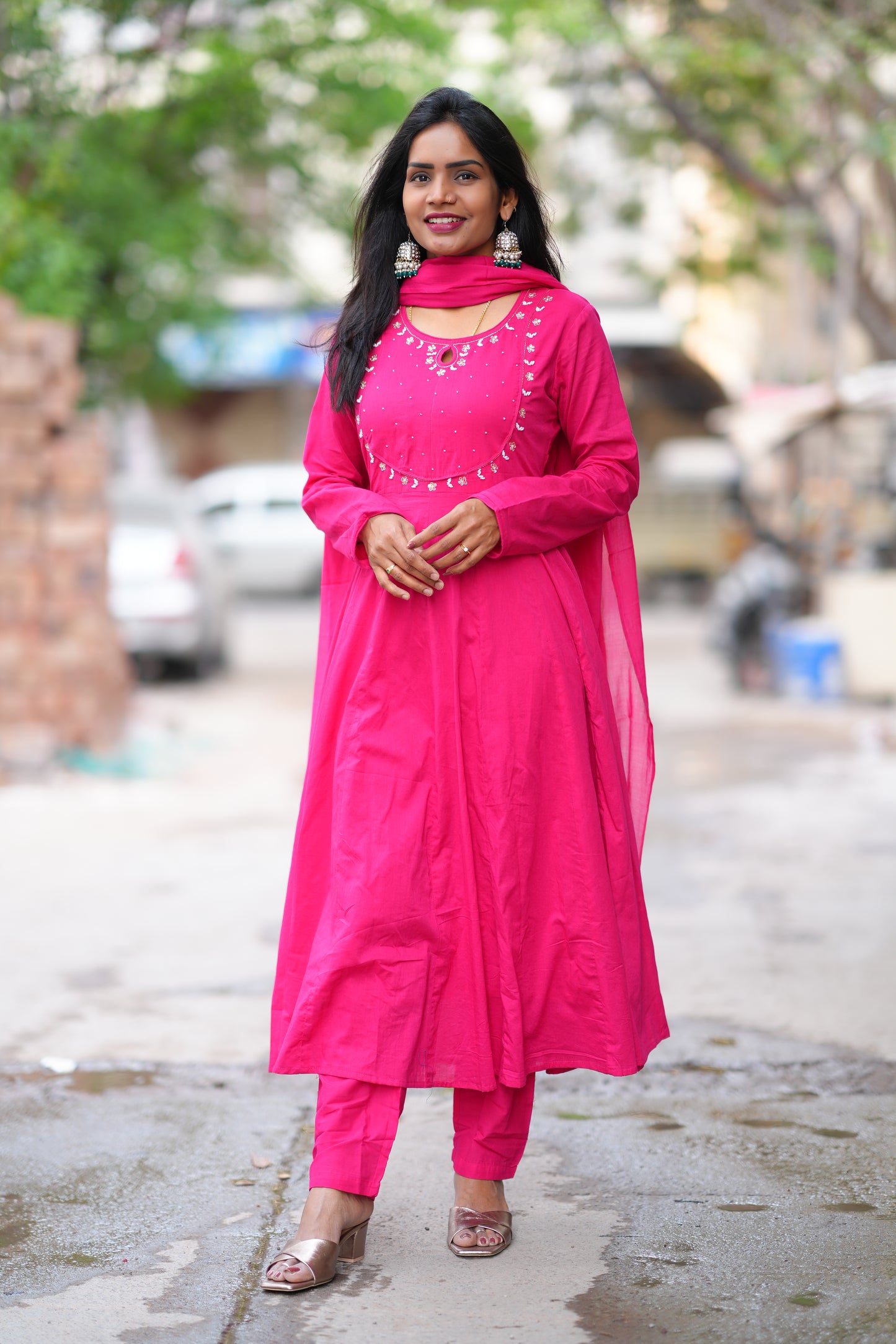 Rani Pink Color Mul Cotton Anarkali 3 Piece Set With Lining