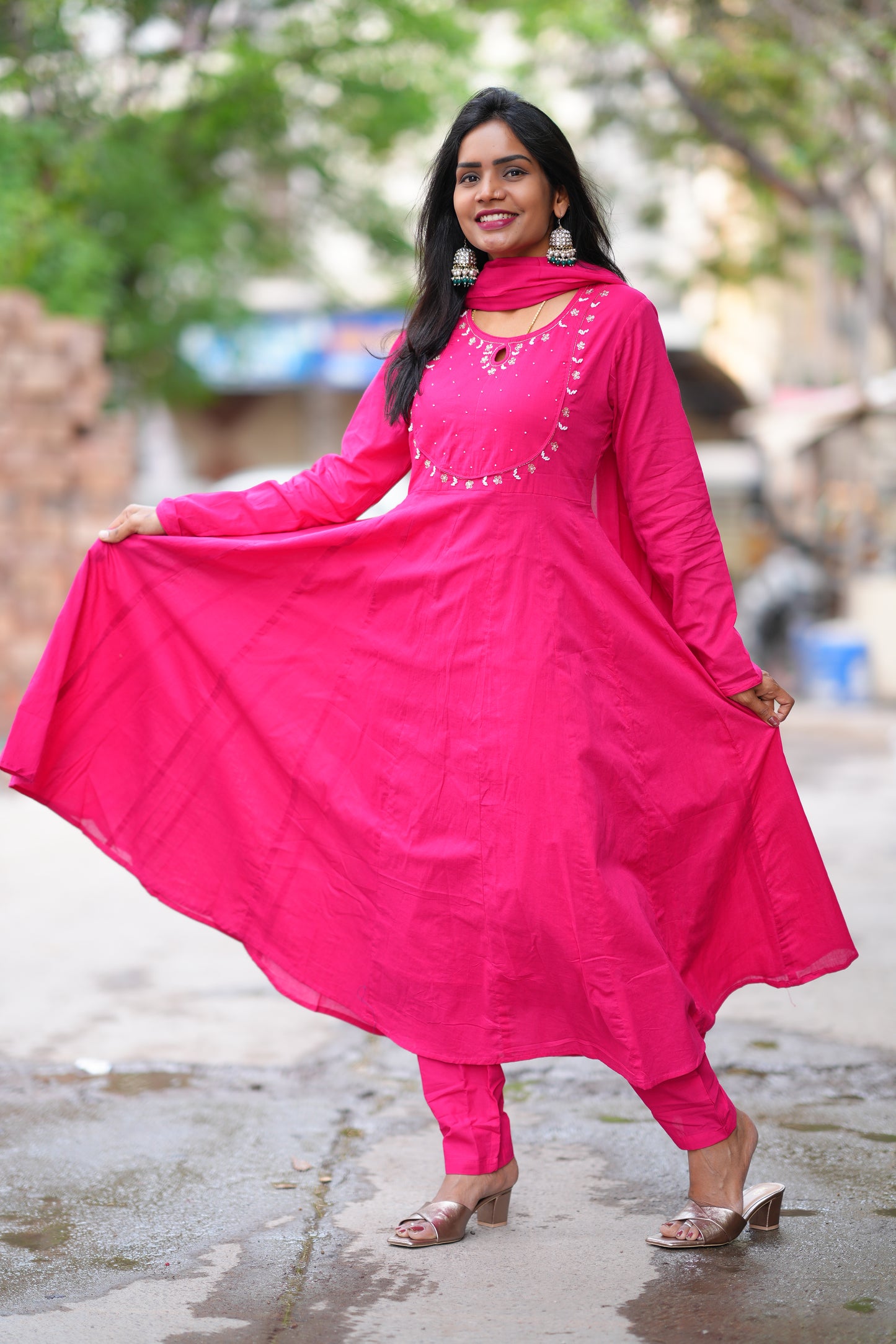 Rani Pink Color Mul Cotton Anarkali 3 Piece Set With Lining