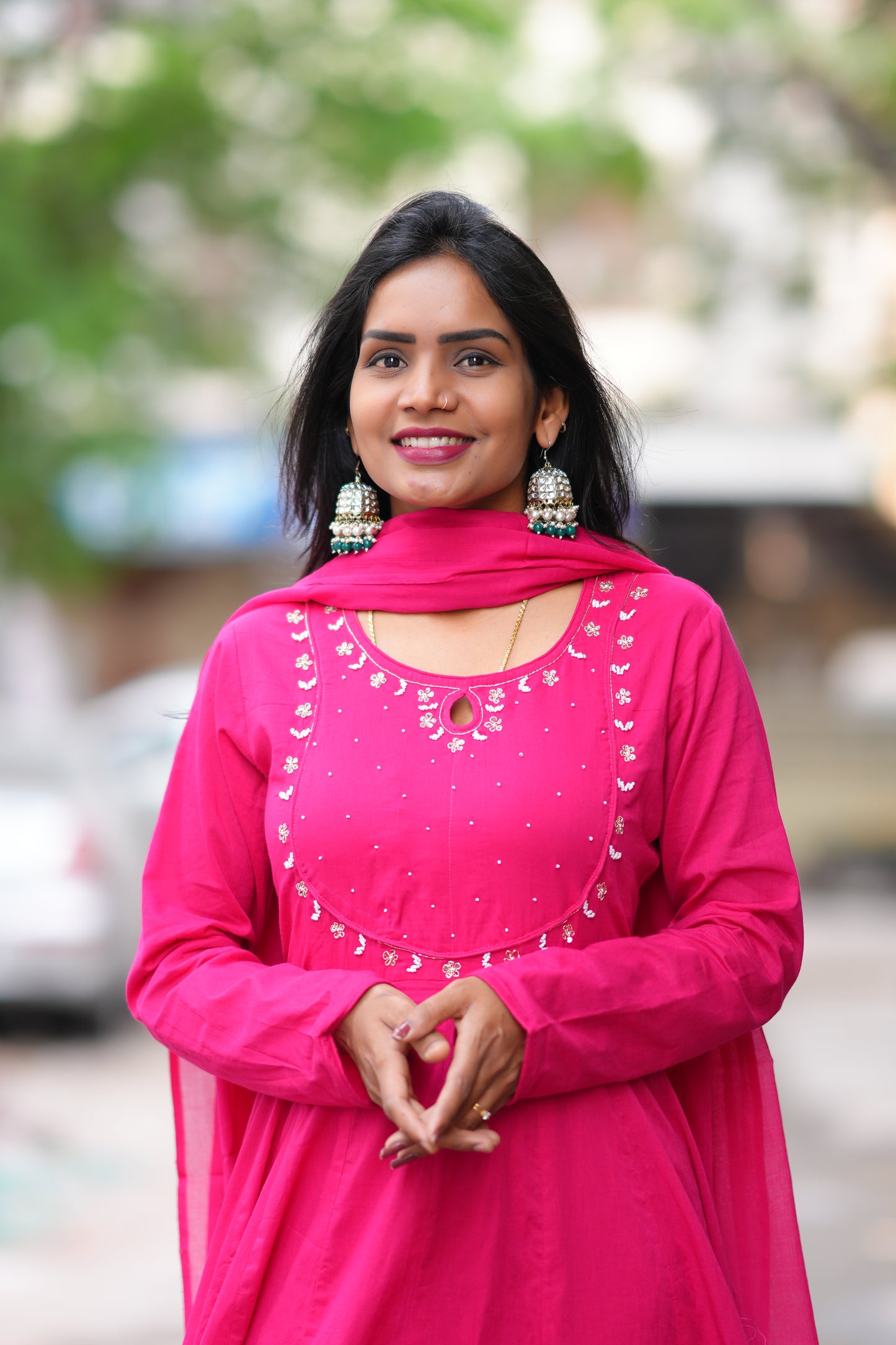 Rani Pink Color Mul Cotton Anarkali 3 Piece Set With Lining