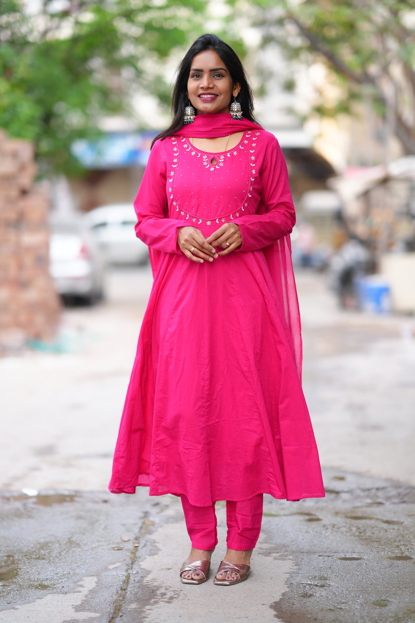 Rani Pink Color Mul Cotton Anarkali 3 Piece Set With Lining