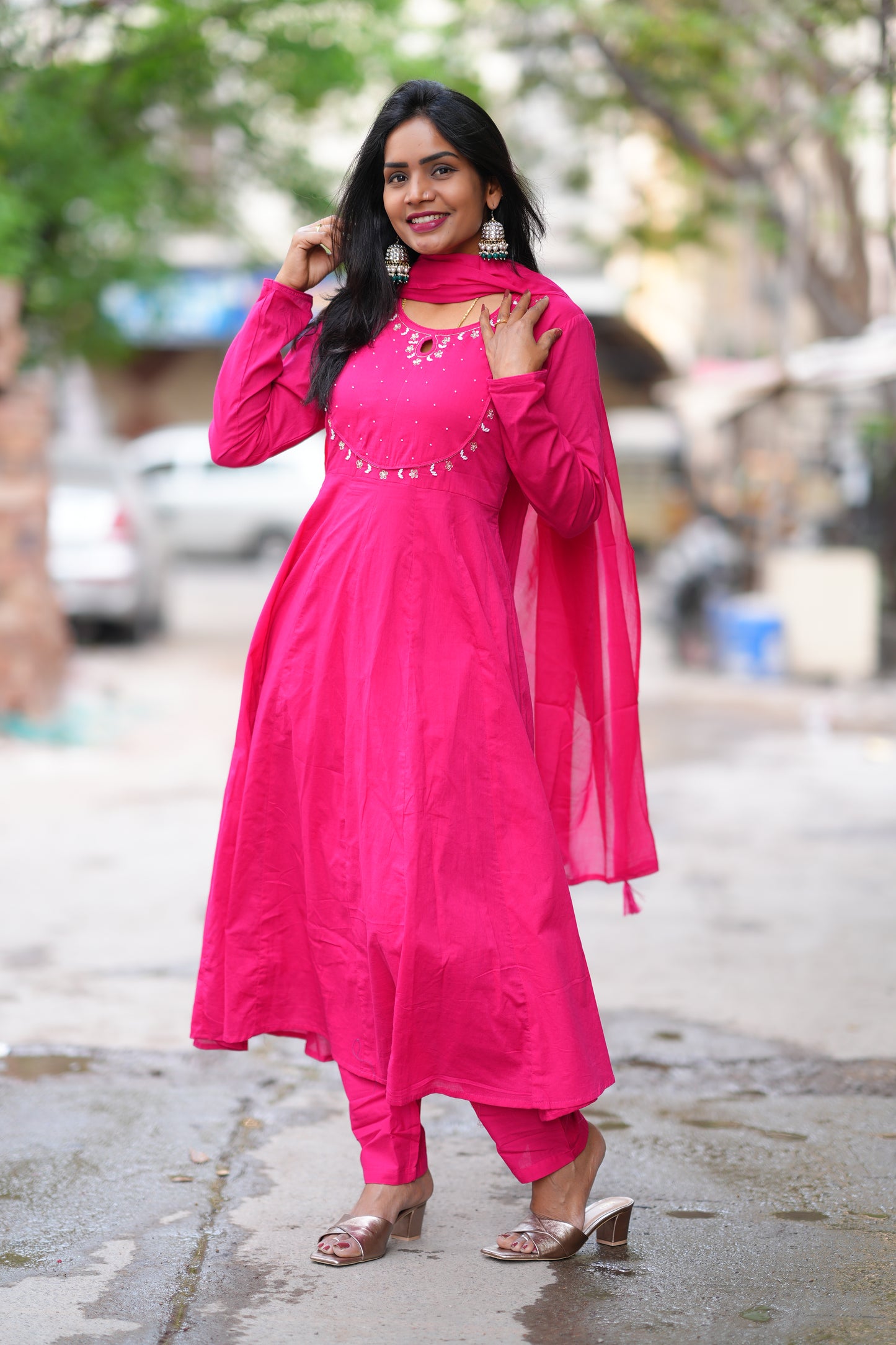 Rani Pink Color Mul Cotton Anarkali 3 Piece Set With Lining
