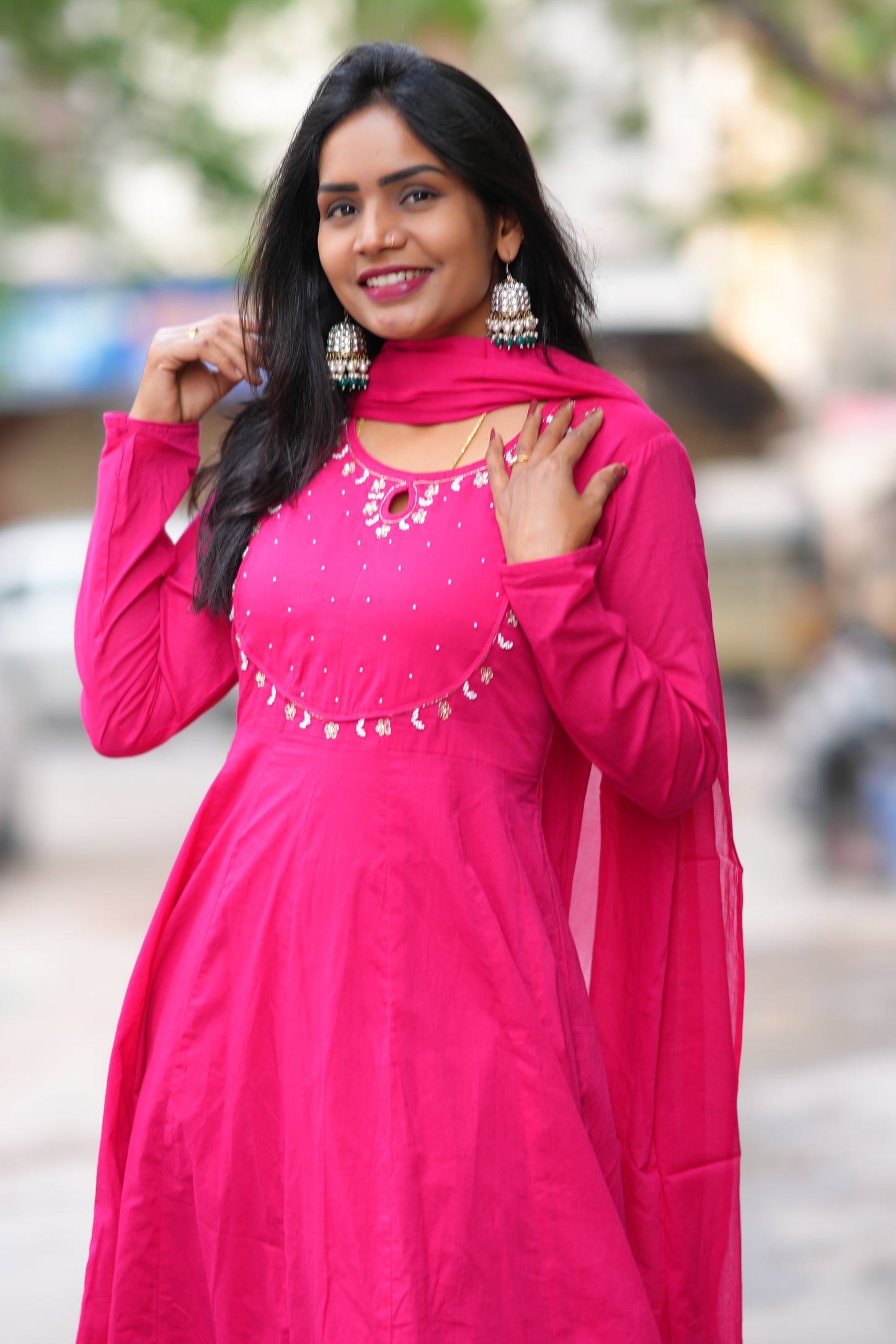 Rani Pink Color Mul Cotton Anarkali 3 Piece Set With Lining