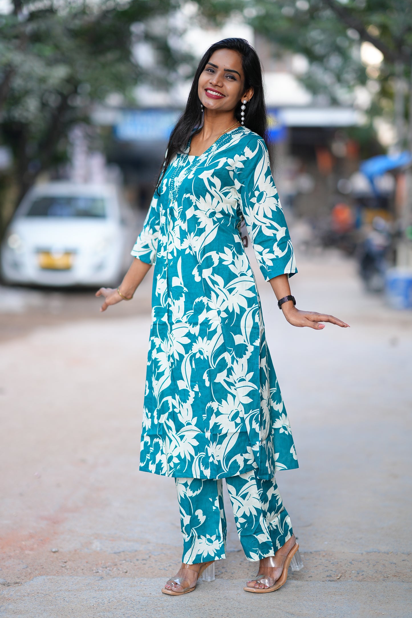 Teal Green Color Jaipuri Cotton office Wear Cord Set