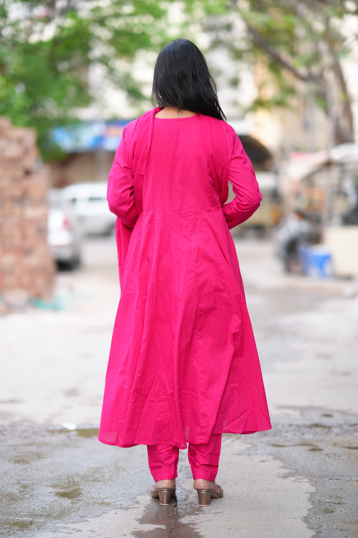 Rani Pink Color Mul Cotton Anarkali 3 Piece Set With Lining