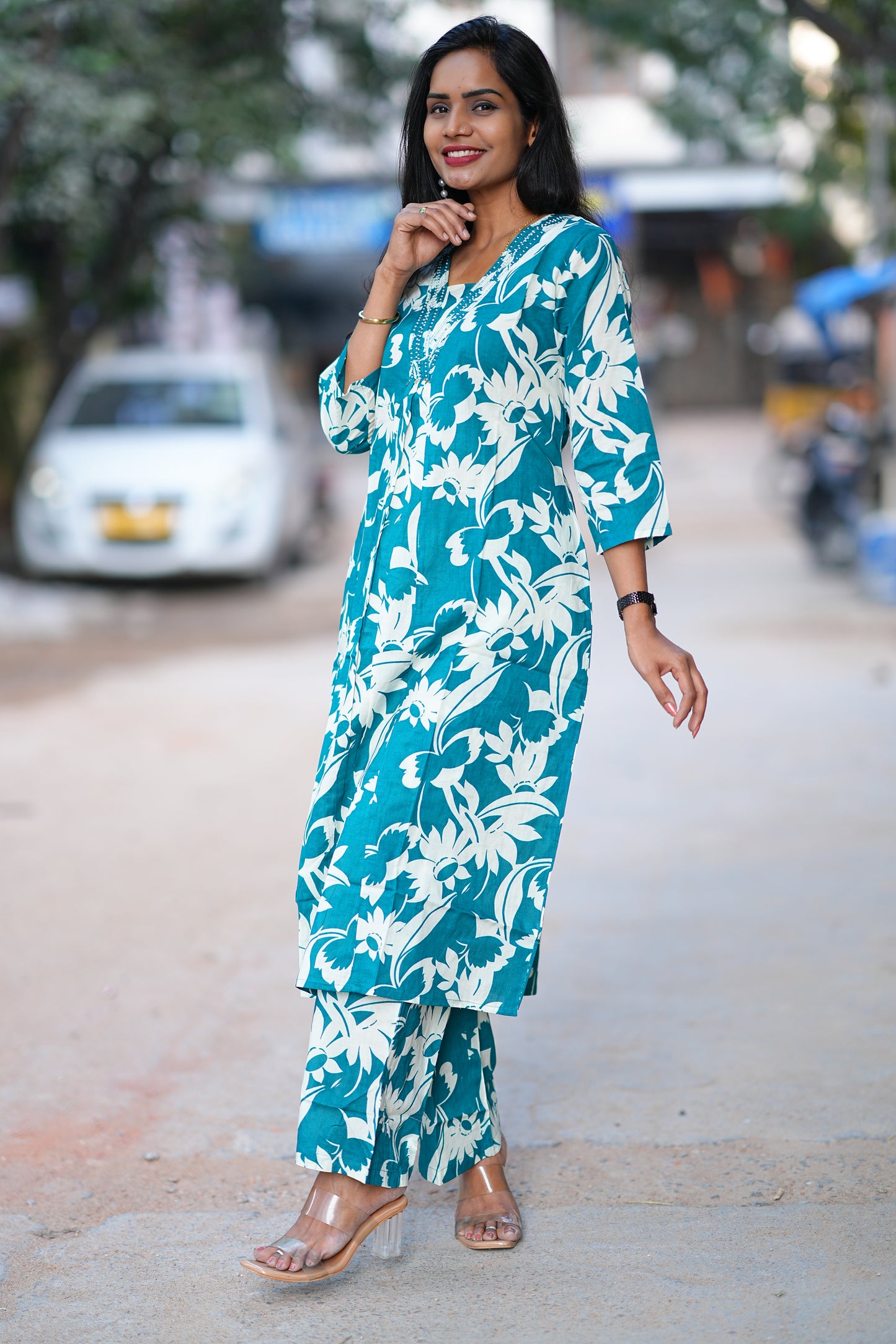 Teal Green Color Jaipuri Cotton office Wear Cord Set