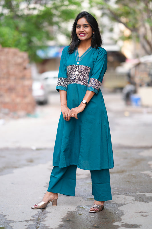 Emerald Green Color Jaipur Cotton Cordset With Kalamkari Applique Work and plazzo Pant