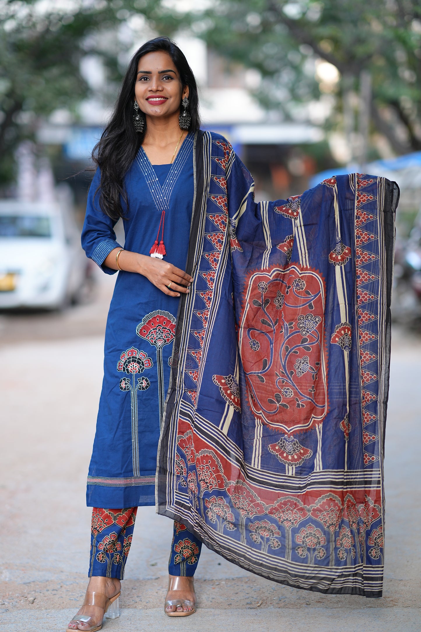 Blue Red Combo Jaipur Cotton 3 Piece Set With Embriodary Work and Complete Lining