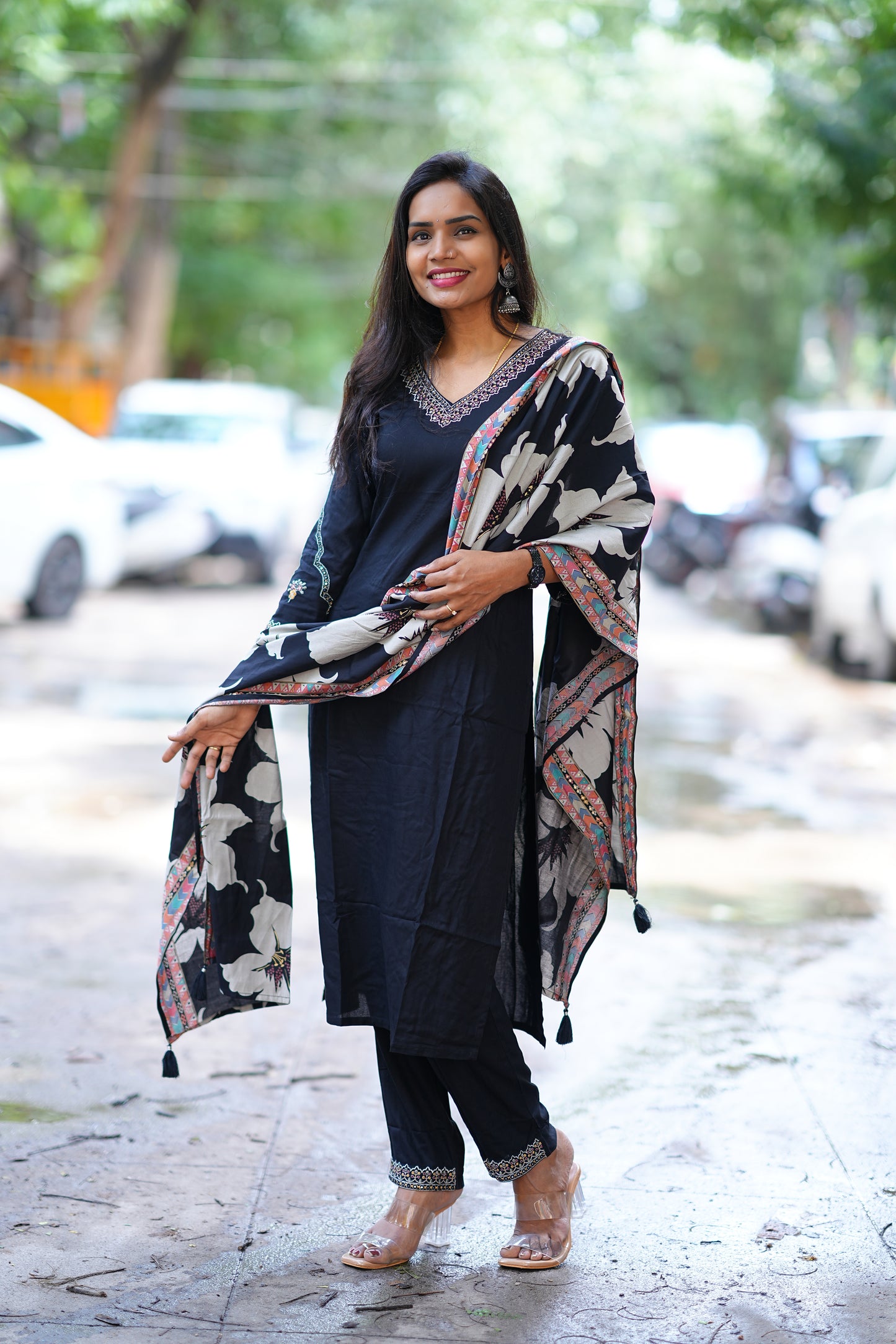 Black Color Designer 3 Piece Set in Muslin