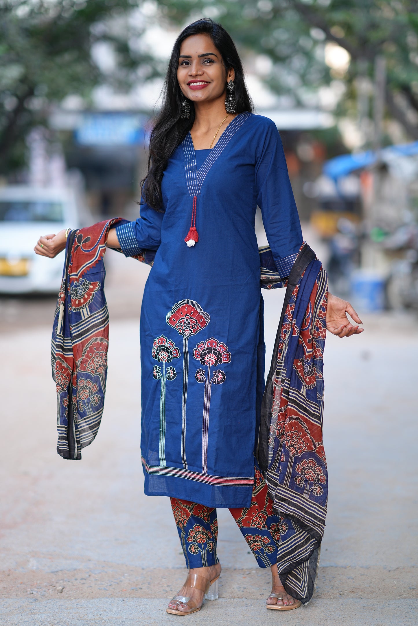 Blue Red Combo Jaipur Cotton 3 Piece Set With Embriodary Work and Complete Lining