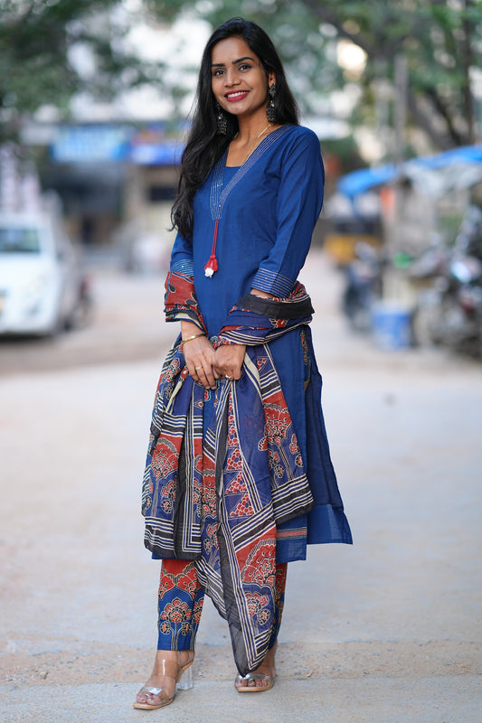 Blue Red Combo Jaipur Cotton 3 Piece Set With Embriodary Work and Complete Lining