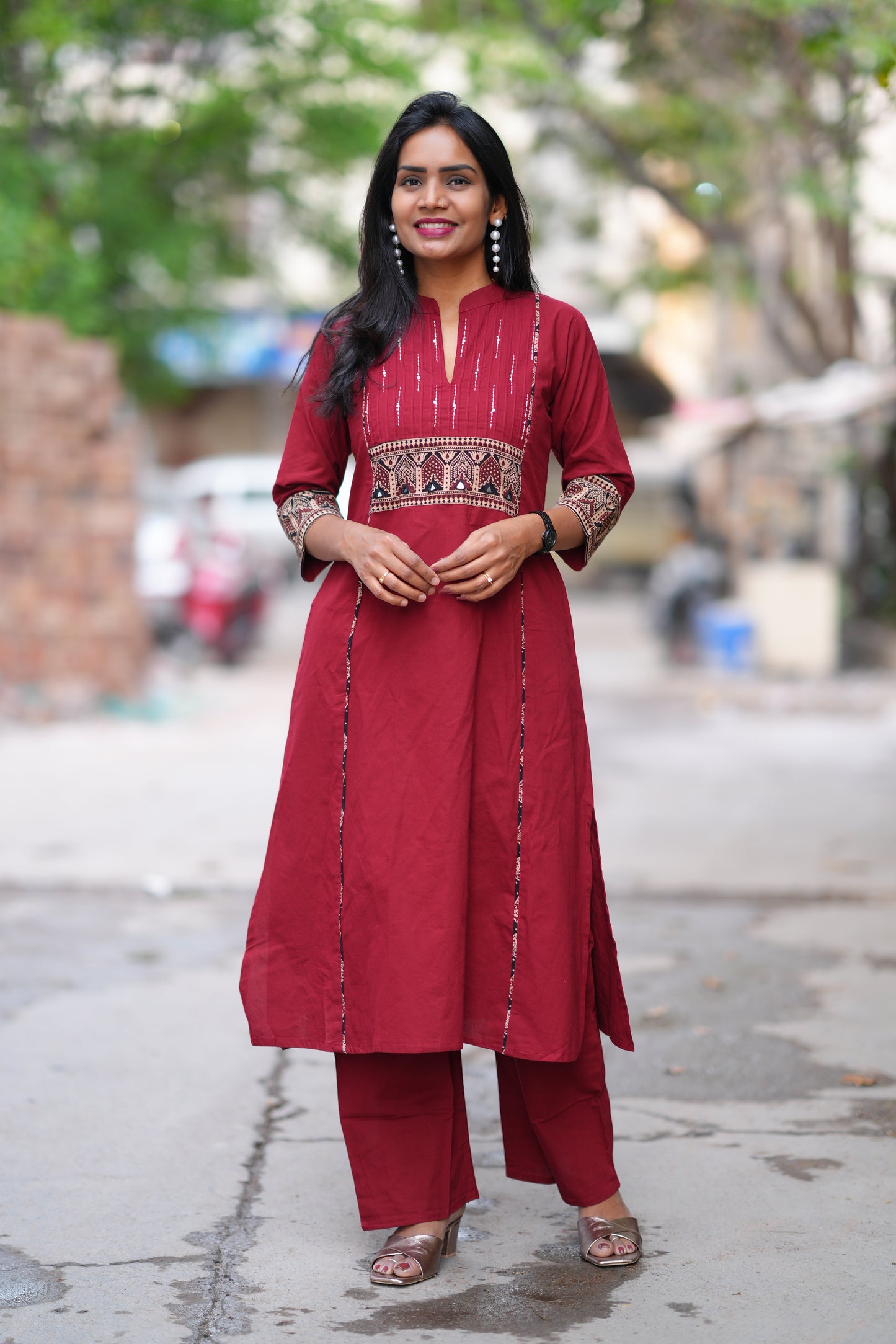 Maroon Color Stylish Office Wear Cord Set With Ajrakh Patch and Palazzo Pants