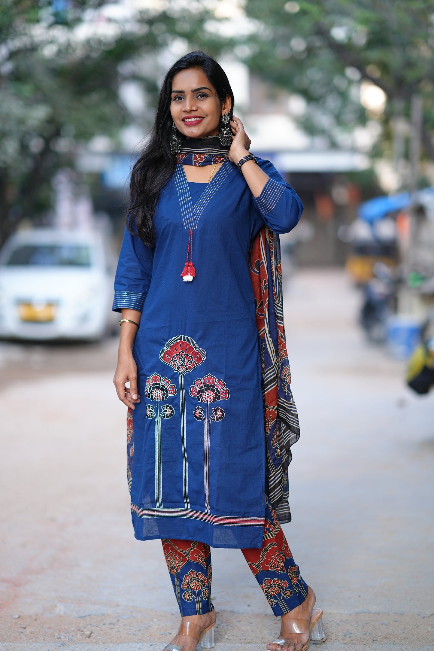 Blue Red Combo Jaipur Cotton 3 Piece Set With Embriodary Work and Complete Lining