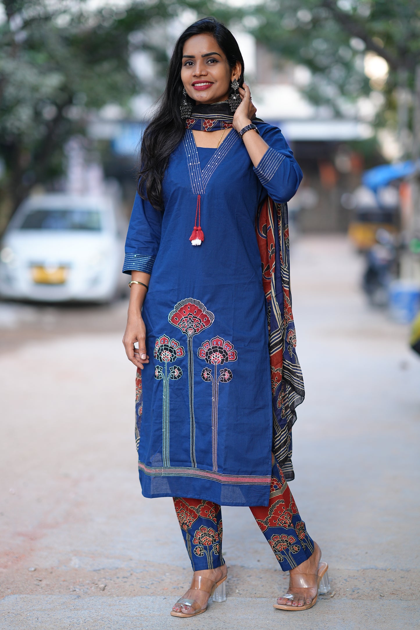 Blue Red Combo Jaipur Cotton 3 Piece Set With Embriodary Work and Complete Lining